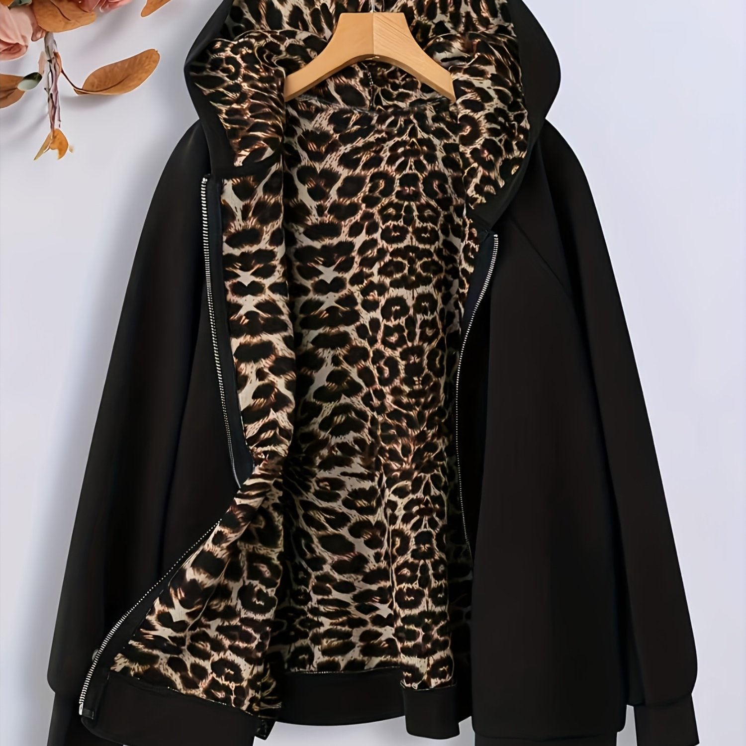 TEMU Plus Size - Autumn New Leopard Print Plus Size Casual Solid Color Jacket Women's Long Sleeve Zip-up Coat