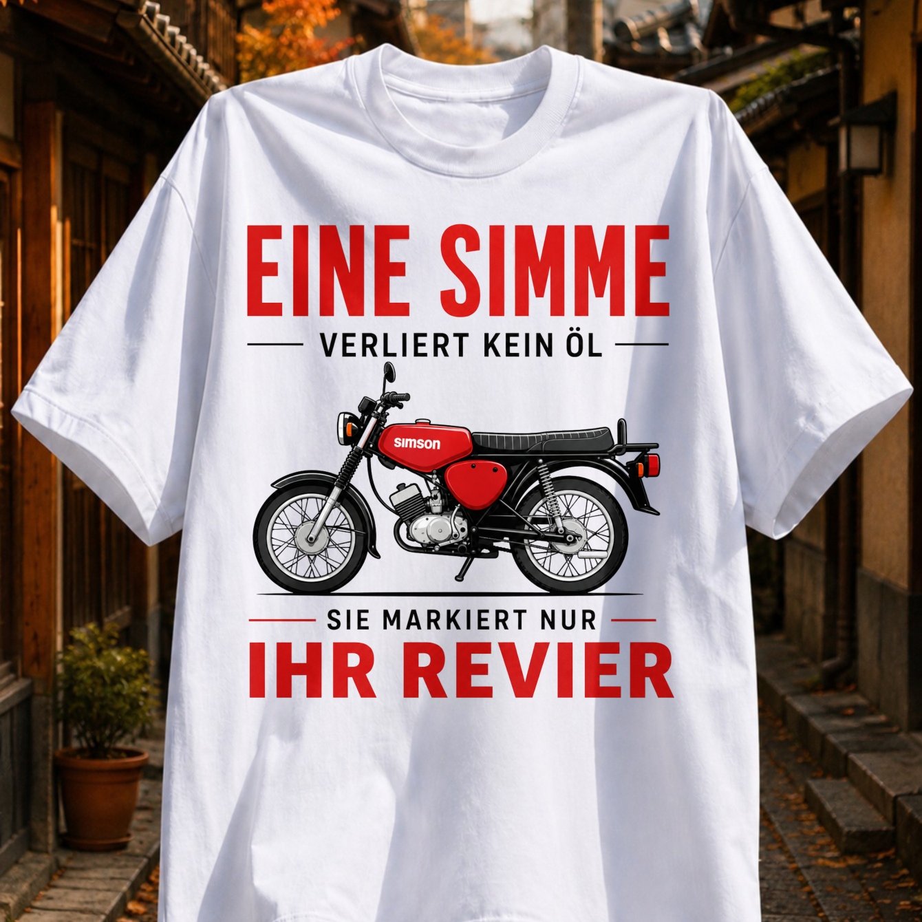 Image of Eine Verliert Kein Ol Sie Markiert Nur Ihr Revier Red Motorcycle Graphic With Red German Slogan And Minimalist Layout Unisex All T-shirt