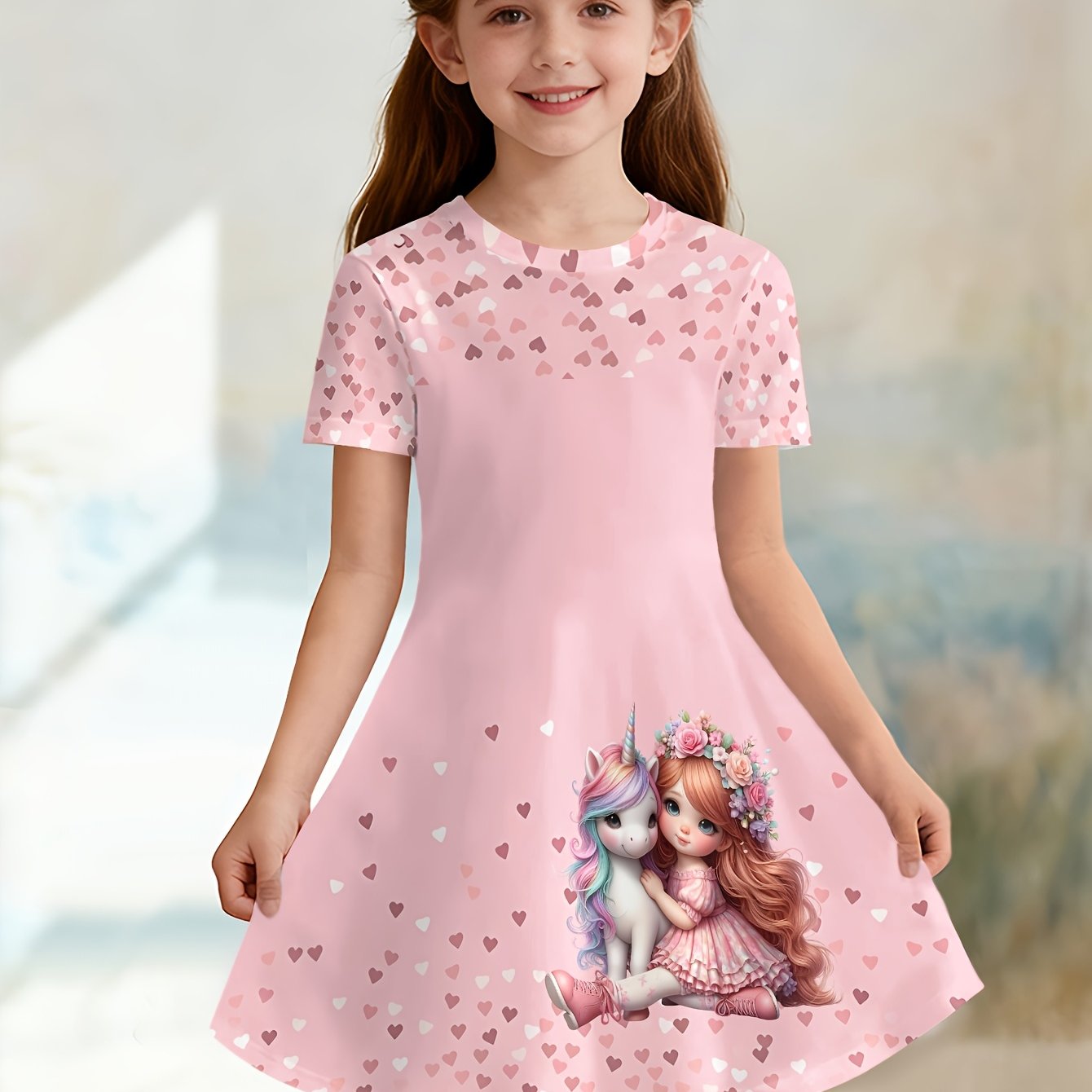 E-shop Kleinkind-Mädchenkleid | Cartoon-Mädchen-Einhorn-Druckmuster | Lässiges Kurzarmkleid | Sommerbekleidung | Maschinenwaschbar | Bequem stilvoll,