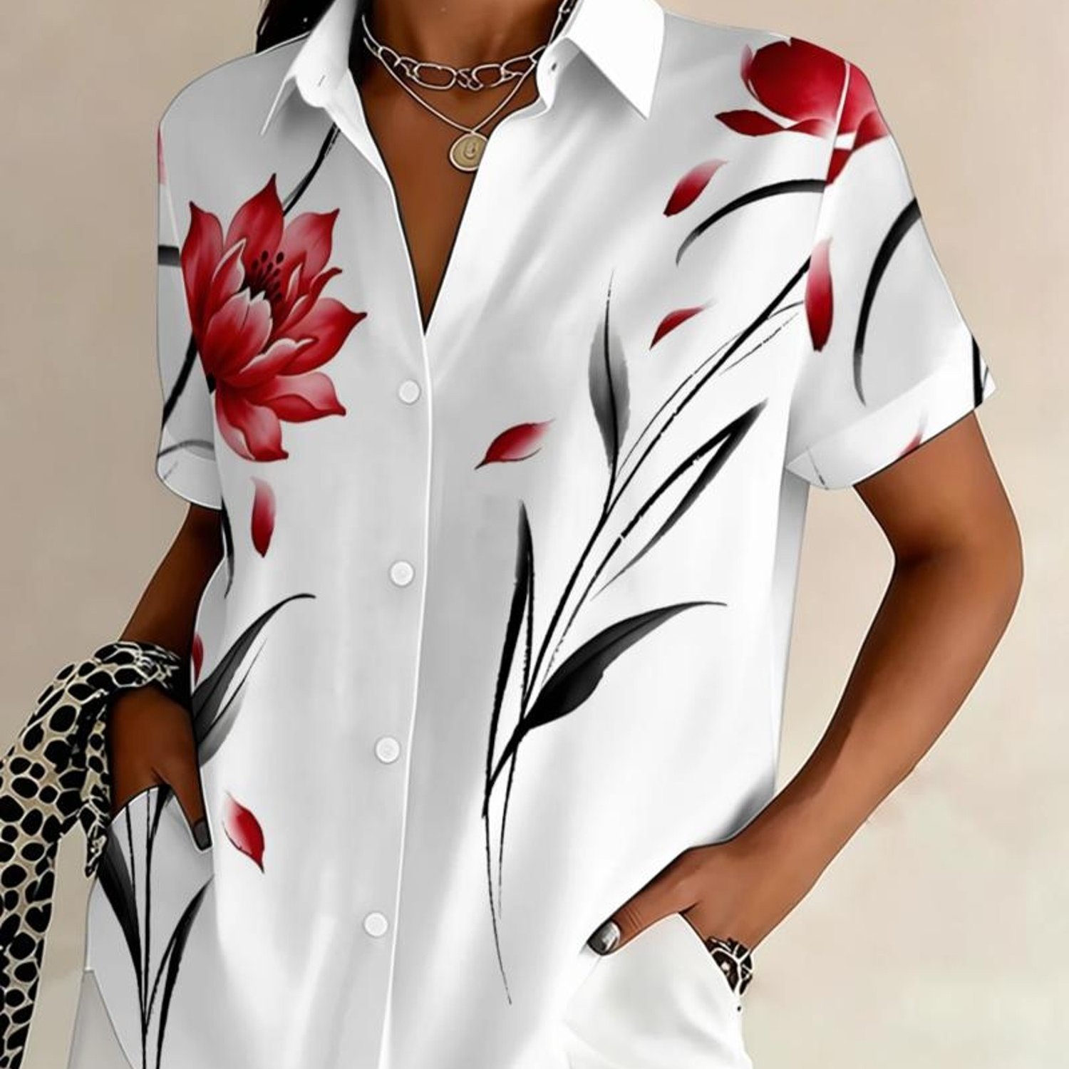 TEMU Plus Size, European And -size Women's Short-sleeve Lapel Shirt, Featuring Elegant Floral East Asian Ink Wash Style Prints, Suitable For Daily