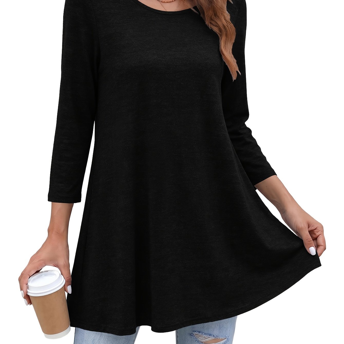 TEMU Women's Longline 3/4 Sleeve Top, Fashionable Loose Fit Shirt, Elegant And Comfortable Round Neck Three-quarter Sleeve T-shirt