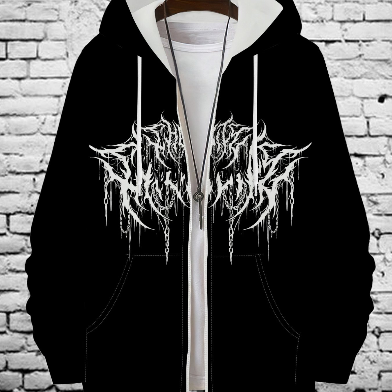 TEMU Men's Trendy Dark Style Letter Print Zip-up Hoodie Streetwear Chain Pattern Casual Versatile Top