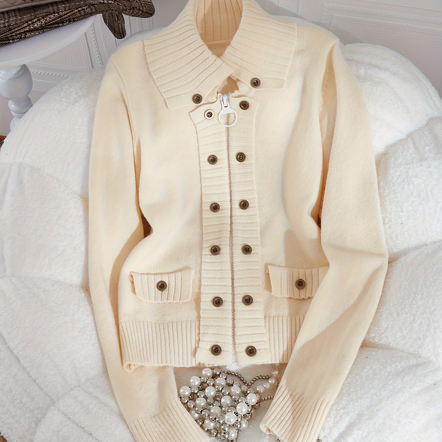 TEMU Autumn And Winter New Multi-button Decoration Large Zipper Collar Elegant Casual Women's Slim Sweater Cardigan