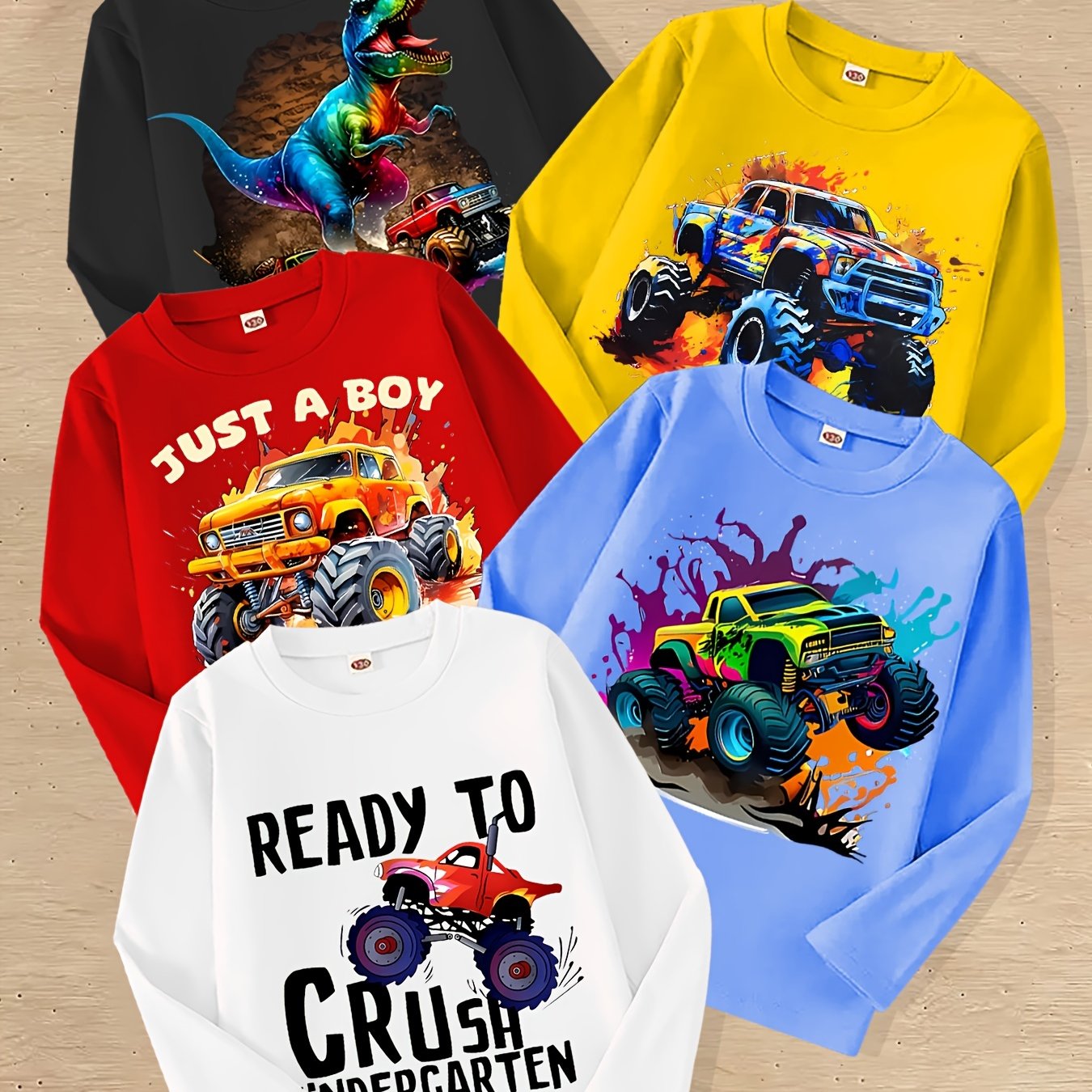 Image of 5pcs Boys' Long Sleeve T-shirts With Truck & Dinosaur Prints - Cool ' Streetwear Tops For, & Parties | Dino & Truck Graphic Shirts (5pcs) | Autumn/winter Casual Wear