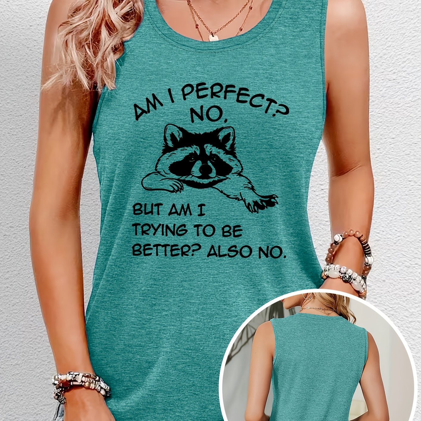 TEMU Women's Elegant Tank Top With Raccoon "slacking Off" Quote Print, Round Neck, Suitable For Spring And Summer, Fashionable For Commuting,