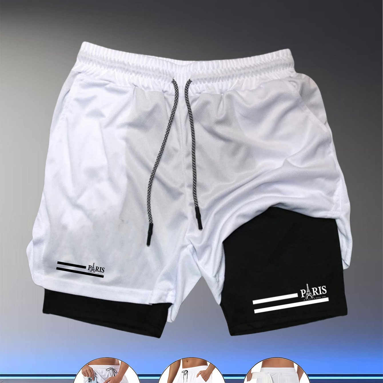 TEMU Men's Polyester Knitted Smooth Double Layer Shorts, Fake Two-piece Sports Fitness Shorts, Drawstring Elastic Waist Design, Breathable