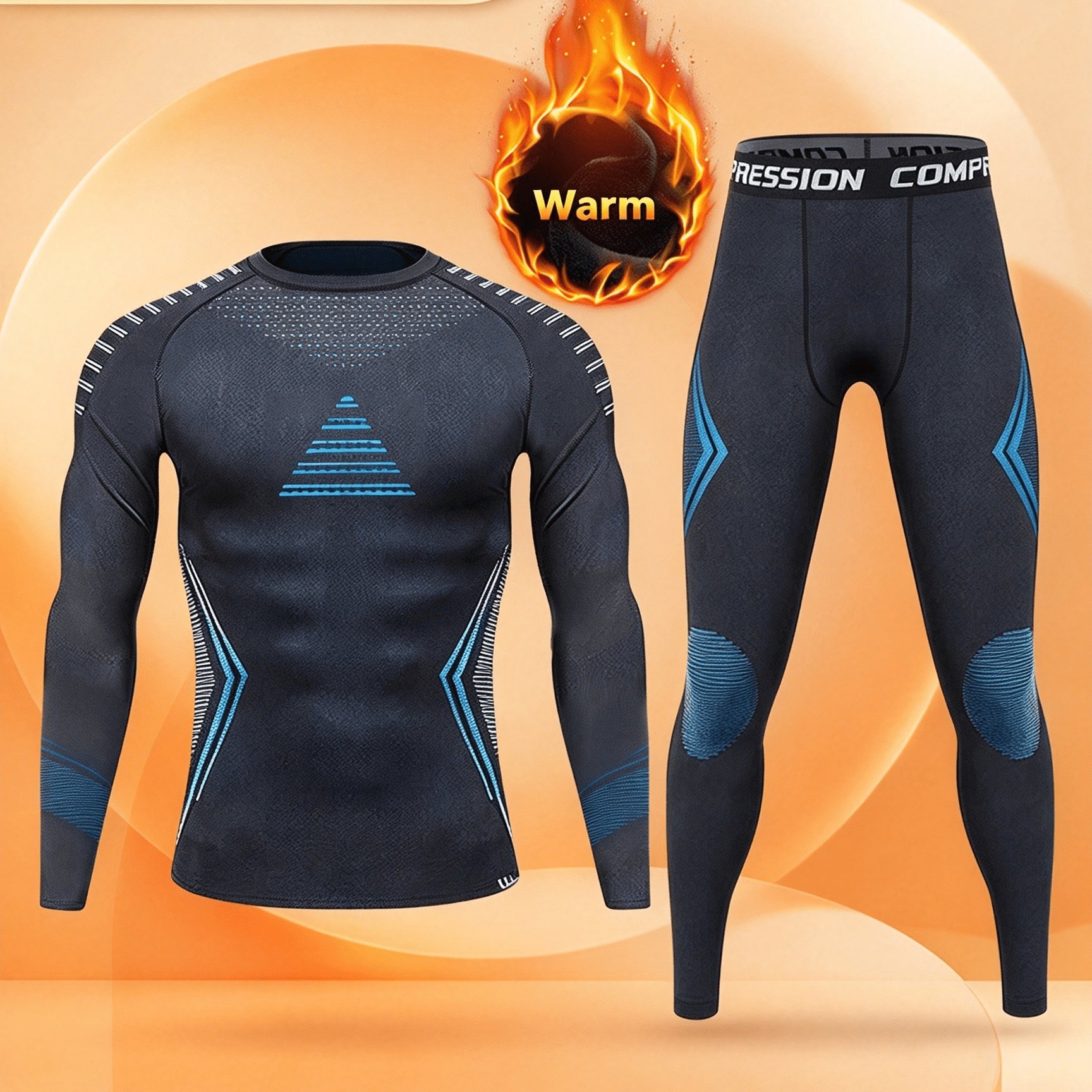 Image of 2pcs Autumn And Winter Men's Thermal Slimming Base Layer Underwear Set, Outdoor Ski Thermal Tight Pants And Long Sleeves, Printed Top And Pants, Suitable For Skiing, Fitness, Running, Yoga, And Sports