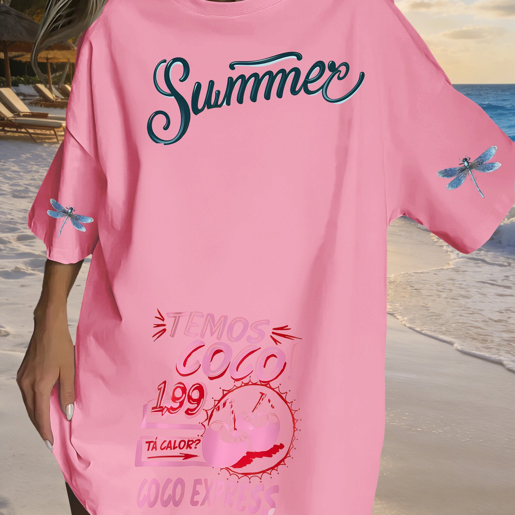 TEMU Plus Size - Coconut Juice Summer Cool Print, Beach Loose Plus Size Women's T-shirt, 2026 New Lazy Style Plus Size Hip-covering Top