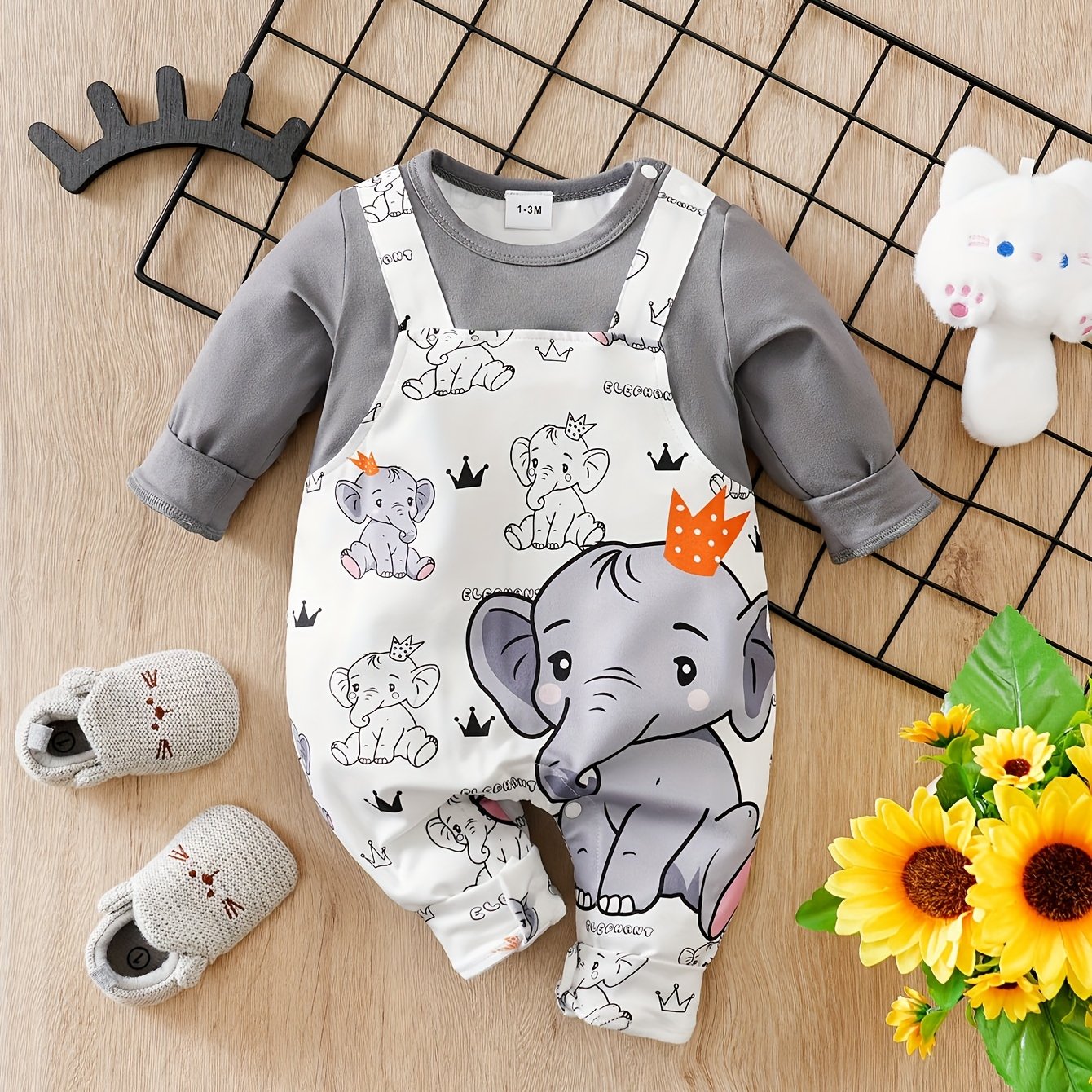 Image of Cartoon Long-sleeve Fake Back Strap Round Neck Bodysuit For Kids - Spring/autumn Season, Perfect For Outdoor