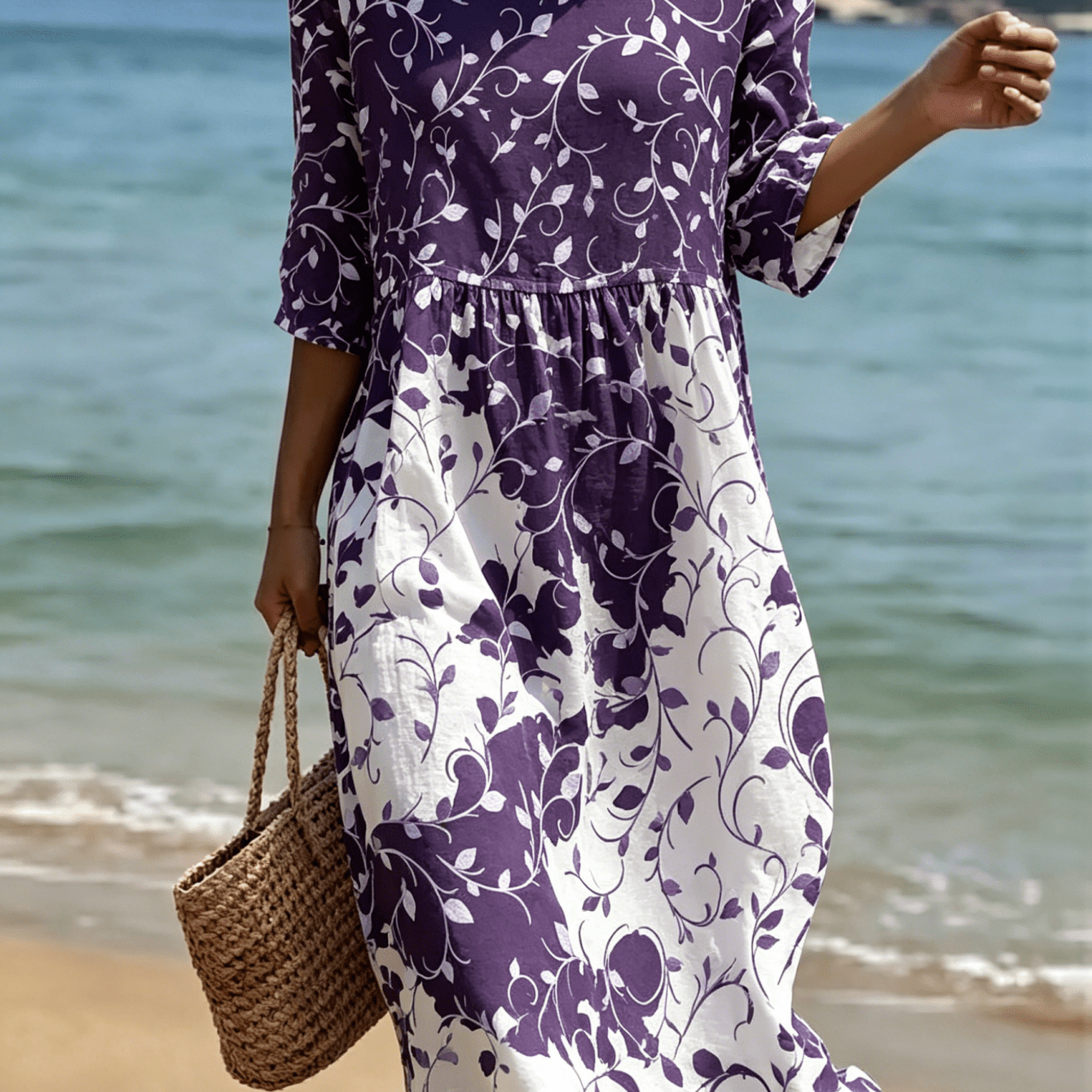 2026 New Women's Dress Leaf Print Round Neck Summer Dress Suitable For Beach Vacations Summer Carnivals Everyday Wear And Weekend Machine Washable
