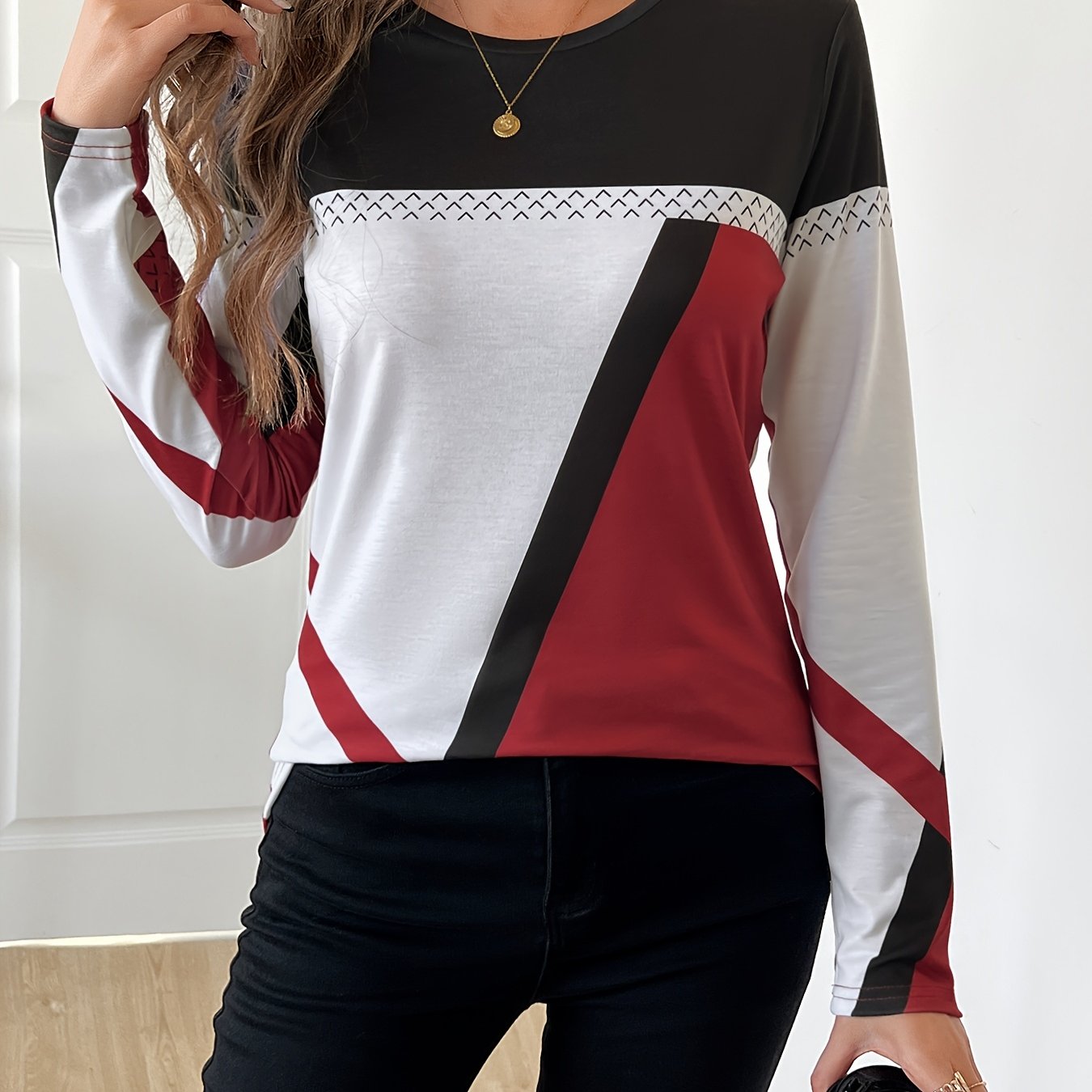 TEMU T-shirt pour femme à col rond et manches longues, imprimé positionné, coutures colorées faciles, haut géométrique