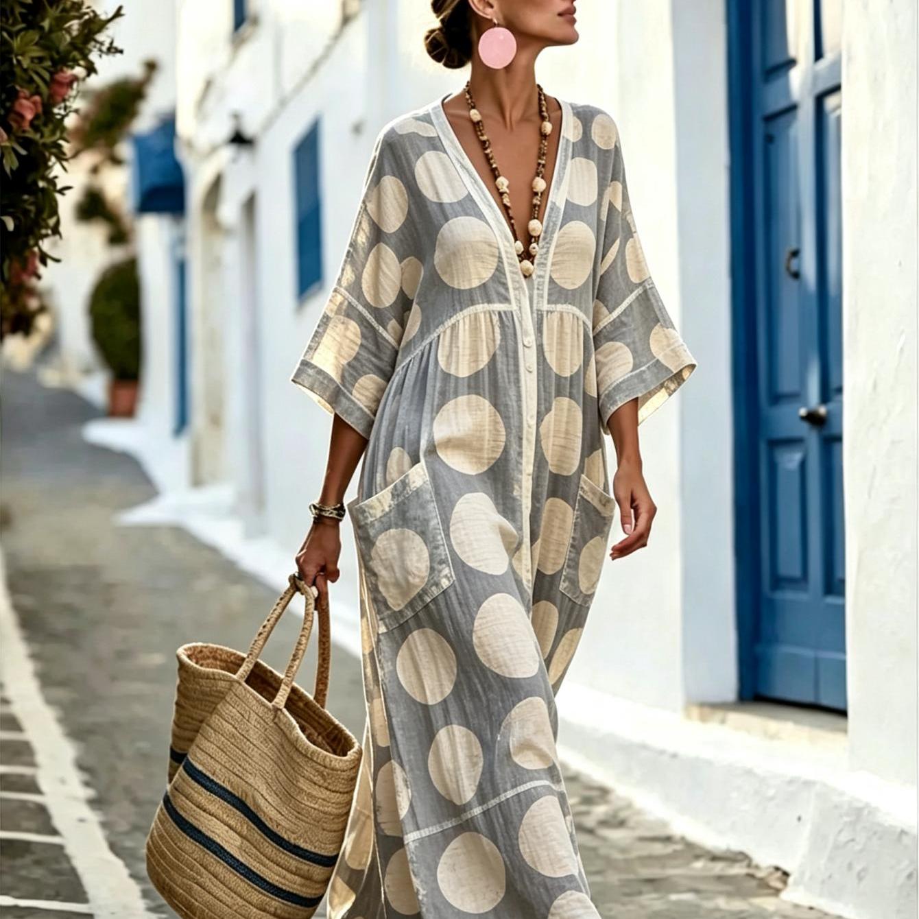 Image of Women Summer Flowy Long Dress Large Polka Dots Boho Style Pattern Print V Neck Batwing Sleeve Beach Kaftan Maxi Dress Vacation Elegant Ladies Long Gown