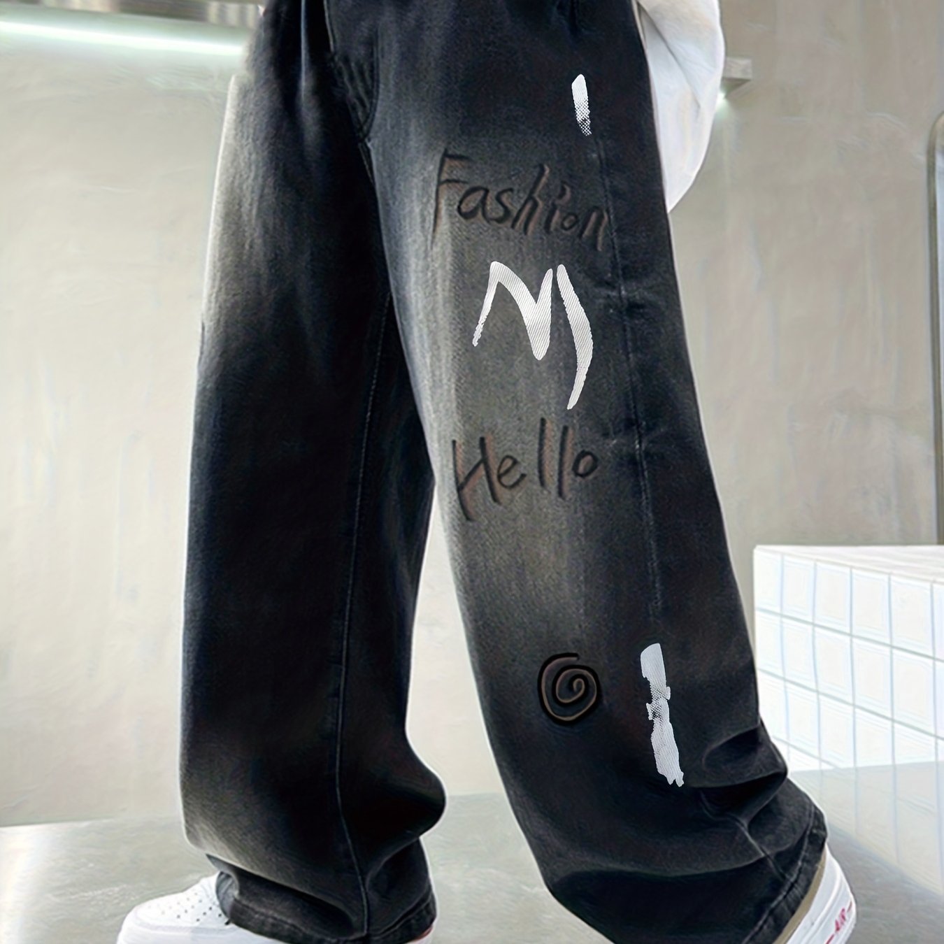 Boys' Big Kids' Fashionable Printed Letter Loose Wide-leg Denim Pants