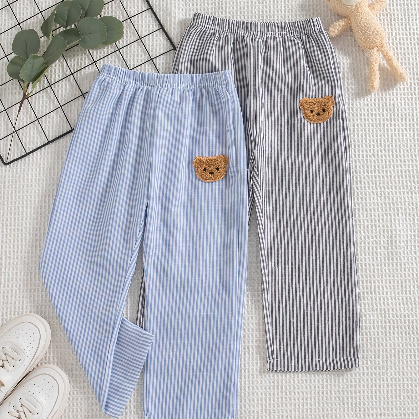 Image of 2pcs Multi-piece Set Boys' Casual Outing Fashion Striped Elastic Waist Long Pants Spring Autumn, For Outdoor