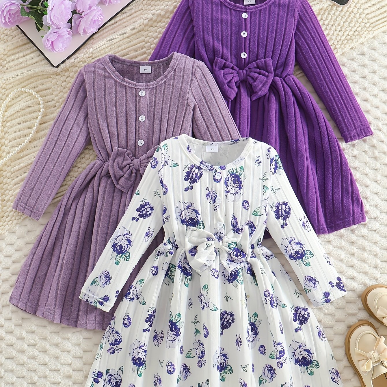 Image of Autumn/winter 3-piece Set Girls' Casual Dress, Simple Solid Color With Button Details, Floral Print Pattern, Long Sleeve Fashionable And Elegant Dress For Young Girls