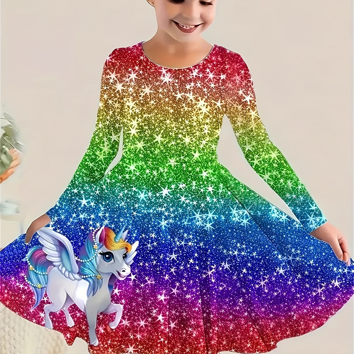 Image of Girls Stylish & Casual Long Sleeve Allover Colorful Stars & Unicorn Graphic Print Dress For Spring & Fall