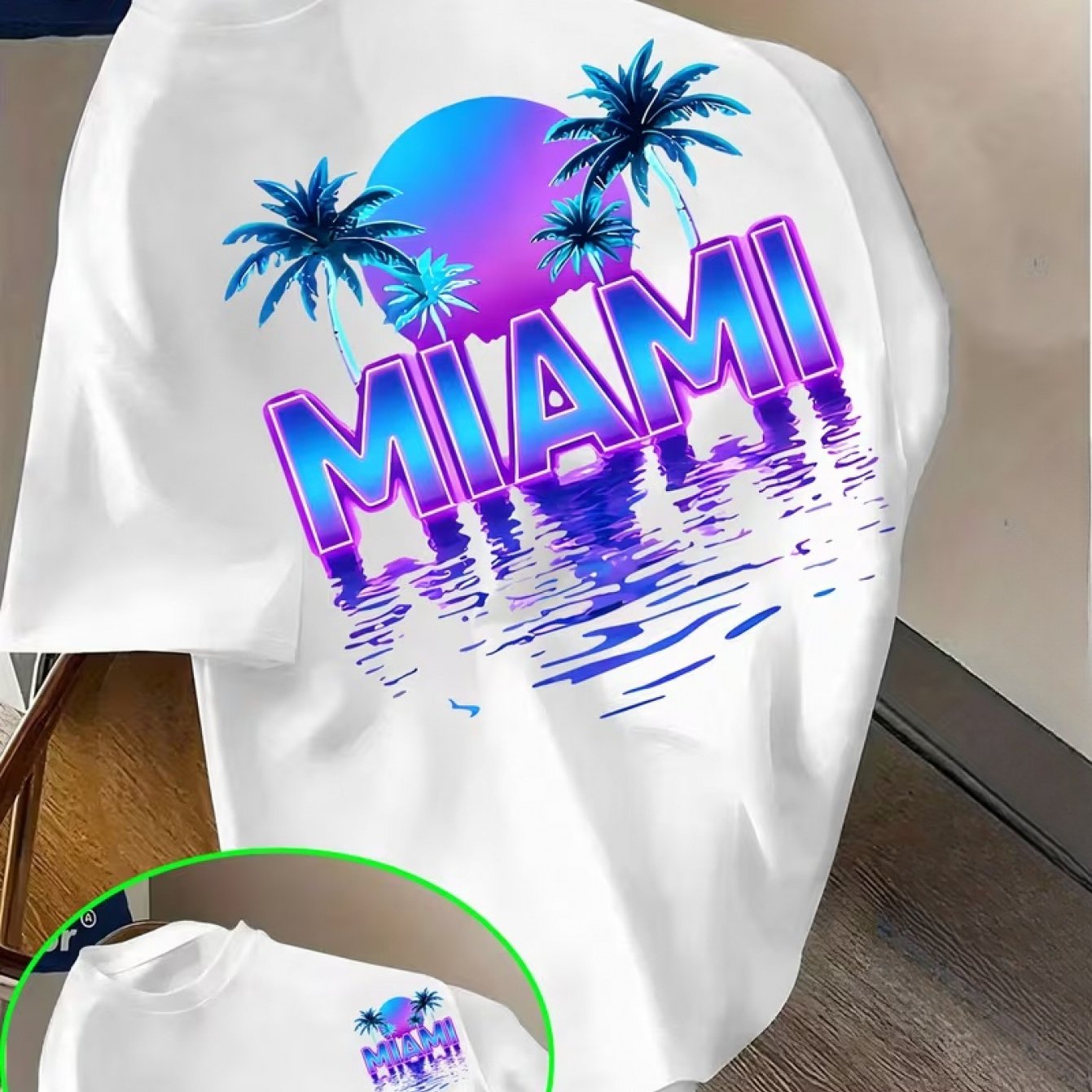 TEMU Men's Miami-themed T-shirt With Neon Gradient "miami" Lettering & Palm Tree - Blue-purple Gradient Sunset & Print Crew Neck Short Sleeve Casual