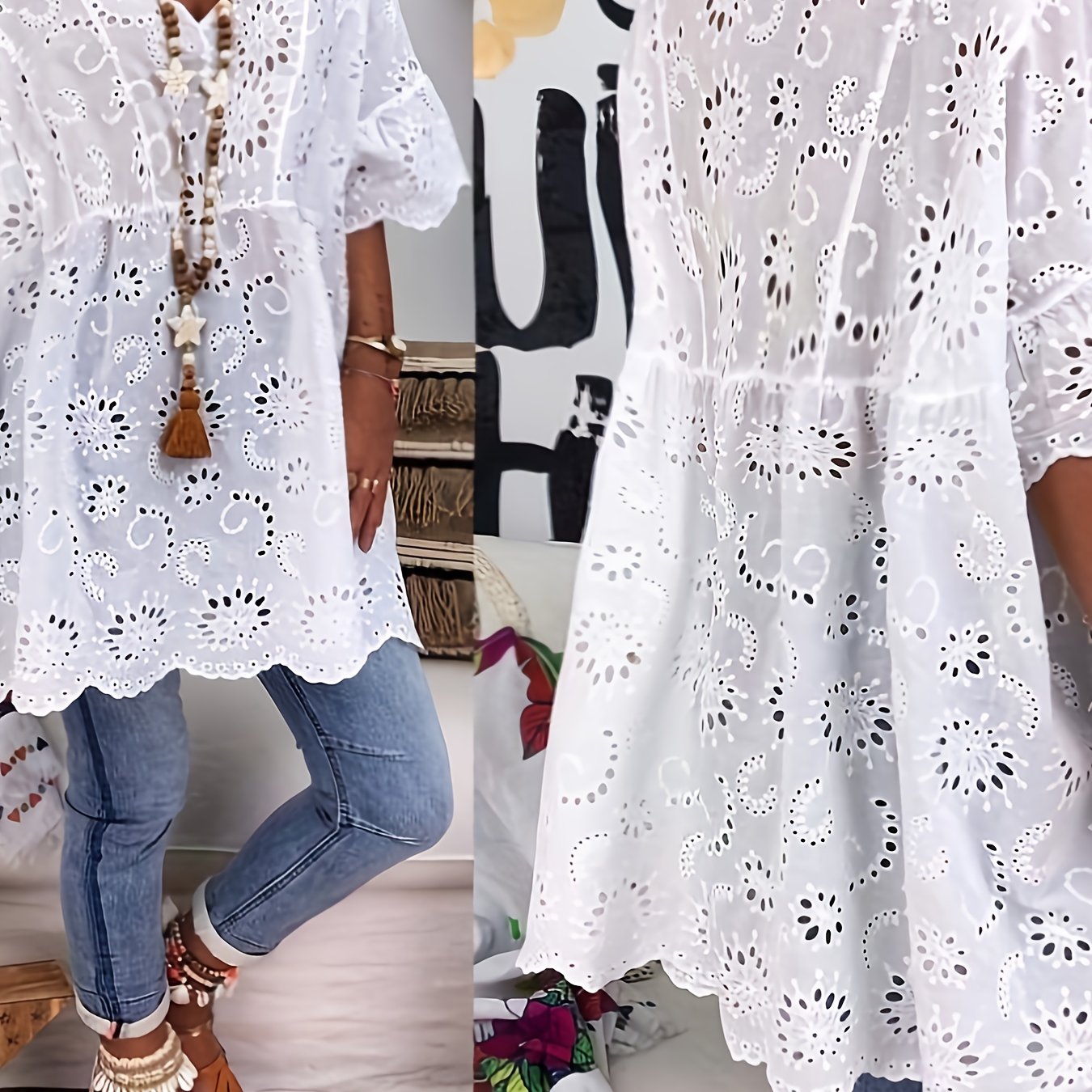 TEMU New Hollow-out V-neck Mid-length Sleeve Summer Designer Top "niannian