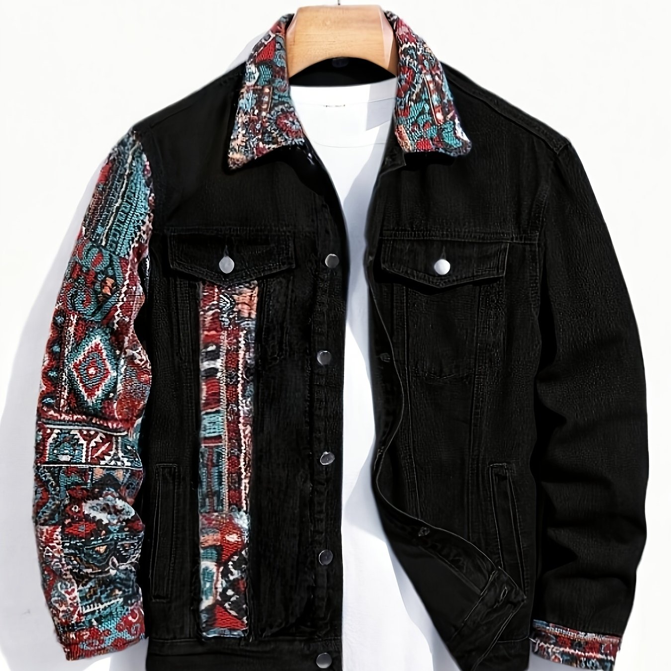 TEMU Autumn And Winter Street Retro Men's Denim Jacket, With A National Trend And Ethnic Style Woven And Pieced Design, Heavy Washed , Casual And