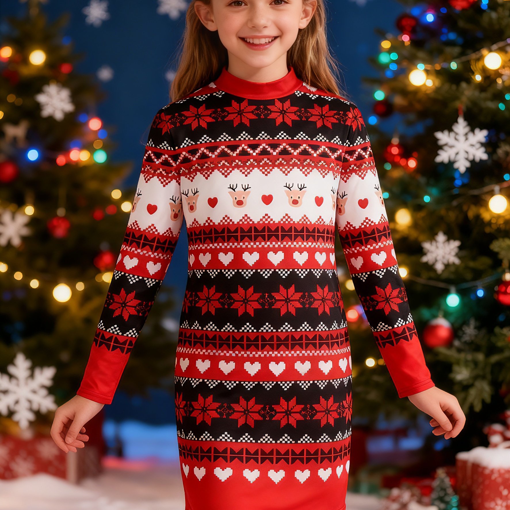 Comfortable Casual Round Neck Print Long Sleeve Dress, Christmas Style, Festive Style