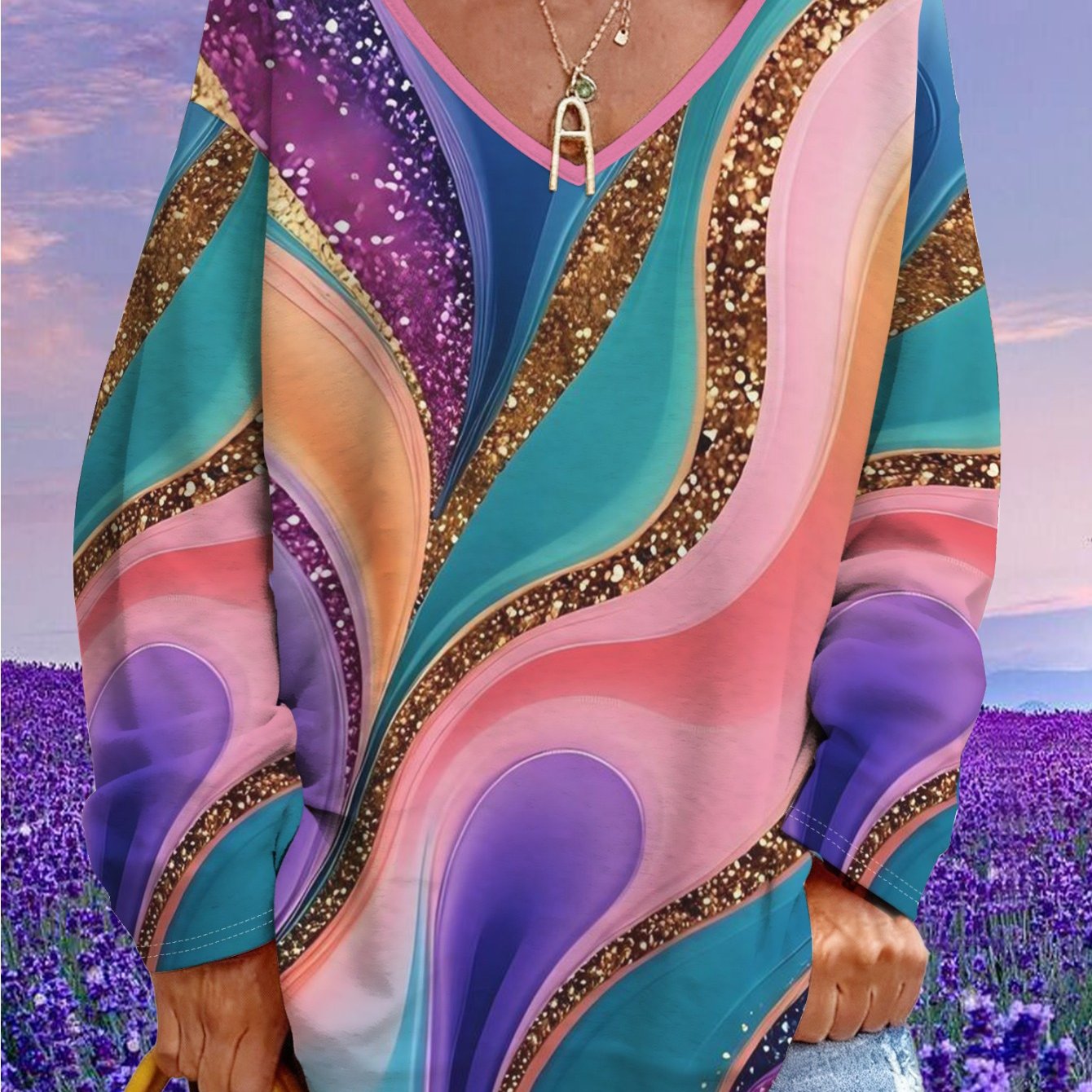 TEMU Grande Taille - Grande Taille - Vêtements Femme Grande Taille Turquoise Dégradé Doré Imprimé Haut Col en V Grande Taille Dames Dissimuler Style