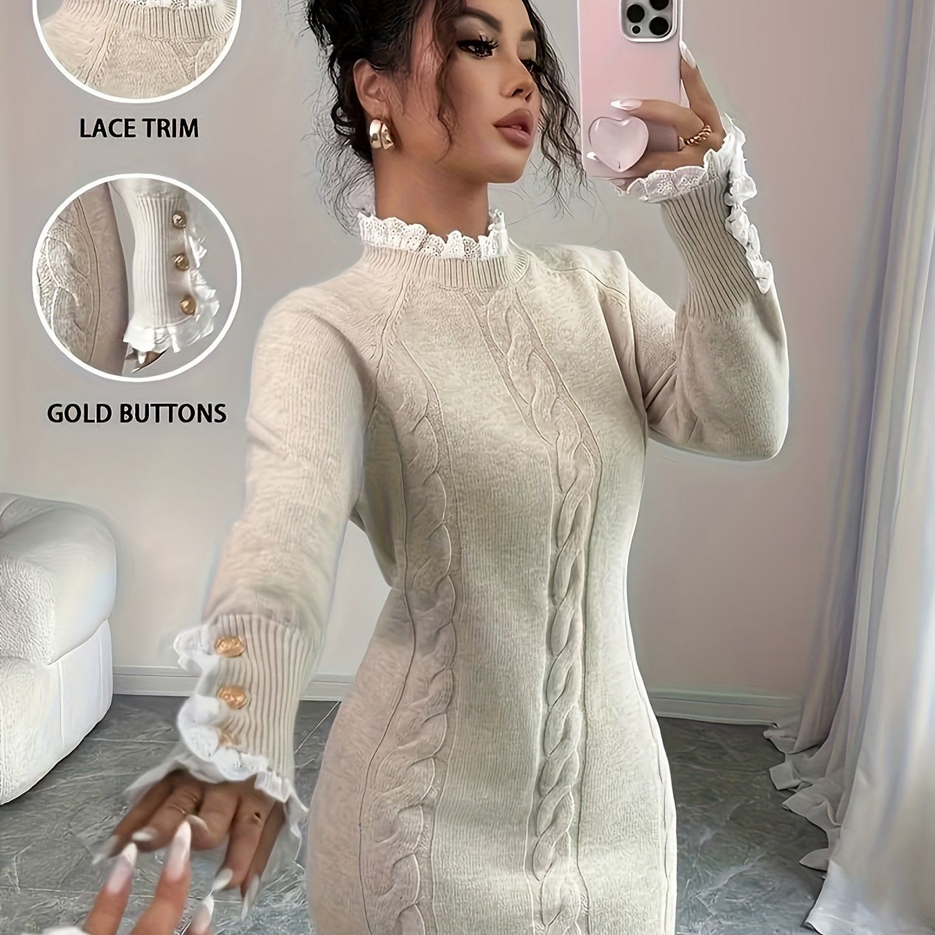 Image of Elegant Women's Dress, Beige Long-sleeve Round-neck Dress With White Lace Sleeves, Suitable For Casual To Formal Wear In Autumn And Winter, Machine Washable And Stretchy