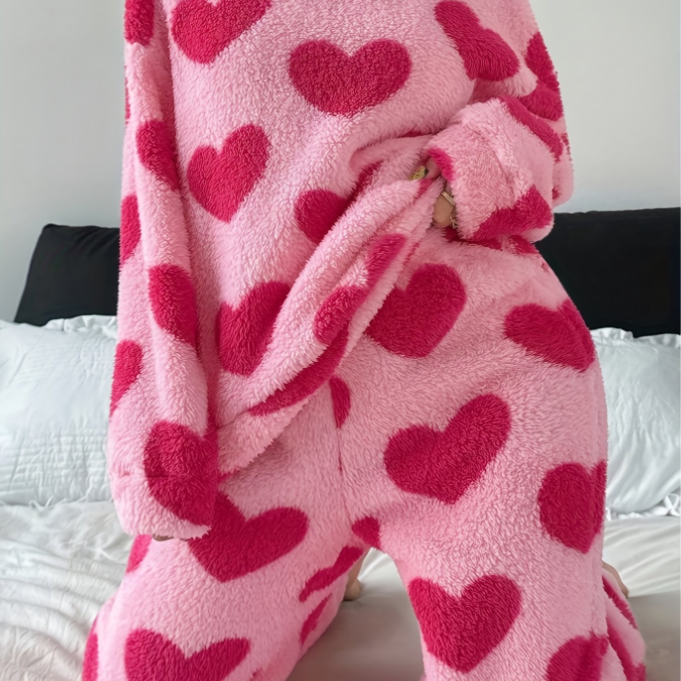 TEMU Women's Fall Winter Pink Long Sleeve And Pants Heart Loose Wear Set