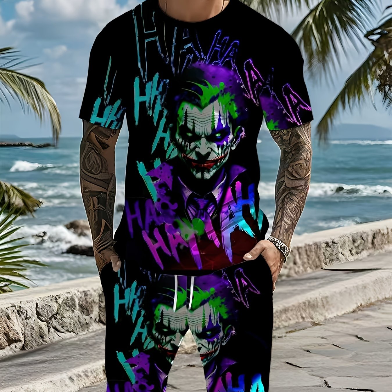 E-shop Digital bedrucktes Clown-Sommermuster Herren Freizeit-Zweiteiler-Set, Rundhals-Kurzarm-T-Shirt und Shorts mit Kordelzug und , Rundhalsausschnitt