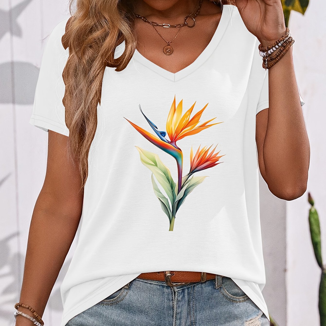 TEMU 's Vibrant And Feel, Artistic Paradise Bird Floral Pattern Printed V-neck Short Sleeve T-shirt, Casual, Fashion V-neck Trendy Short Sleeves,