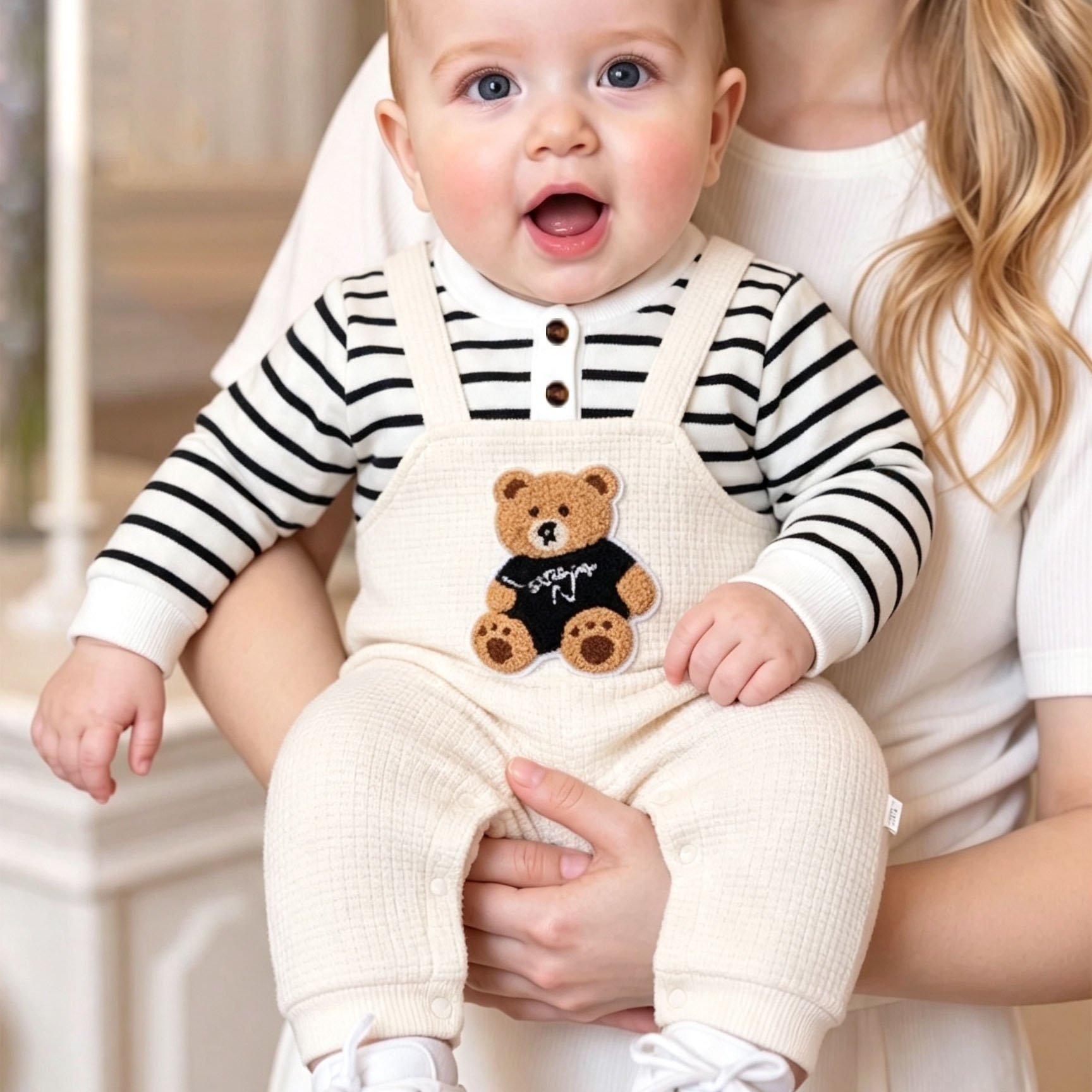 Image of 2-in-1 Look Harness Romper With Half- And Crotch, Slightly Thick 95% Cotton Cartoon Crawling Suit For Spring, Autumn, And Winter, Perfect For Outdoor