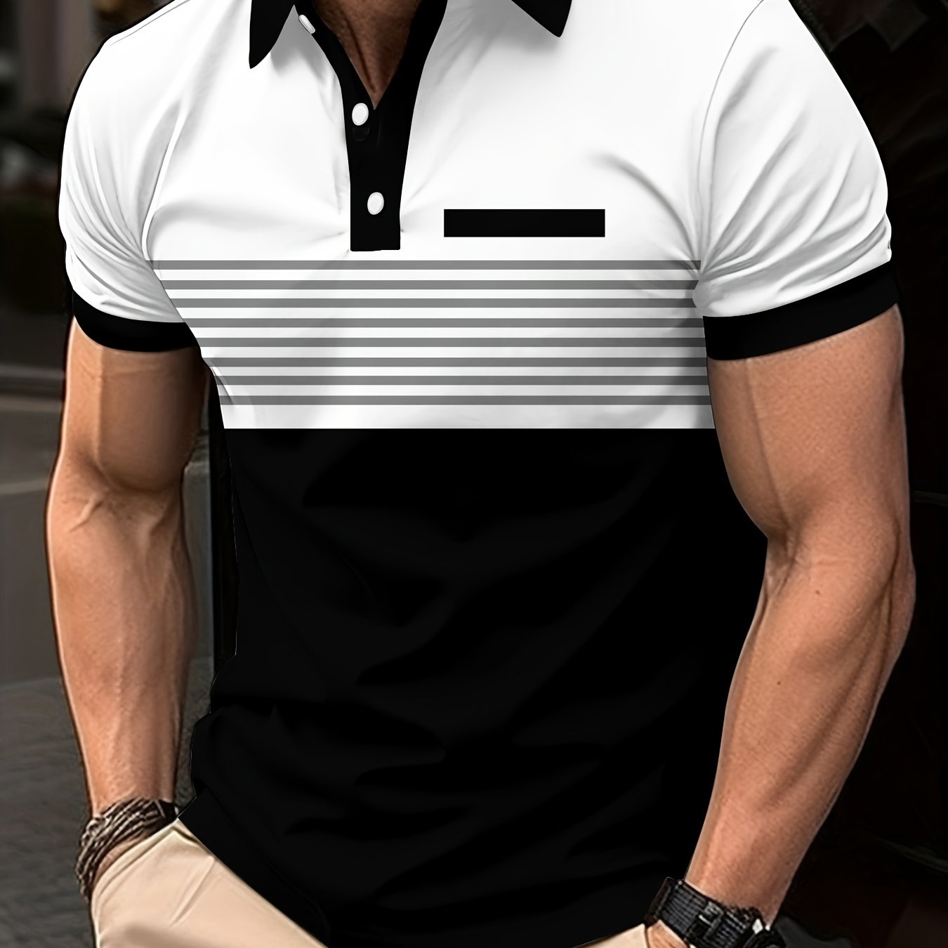 TEMU Men's Summer Shirt - Casual & Sporty, Striped Print With Detail, Short Sleeve, Button-up Collar, Breathable Polyester Fabric