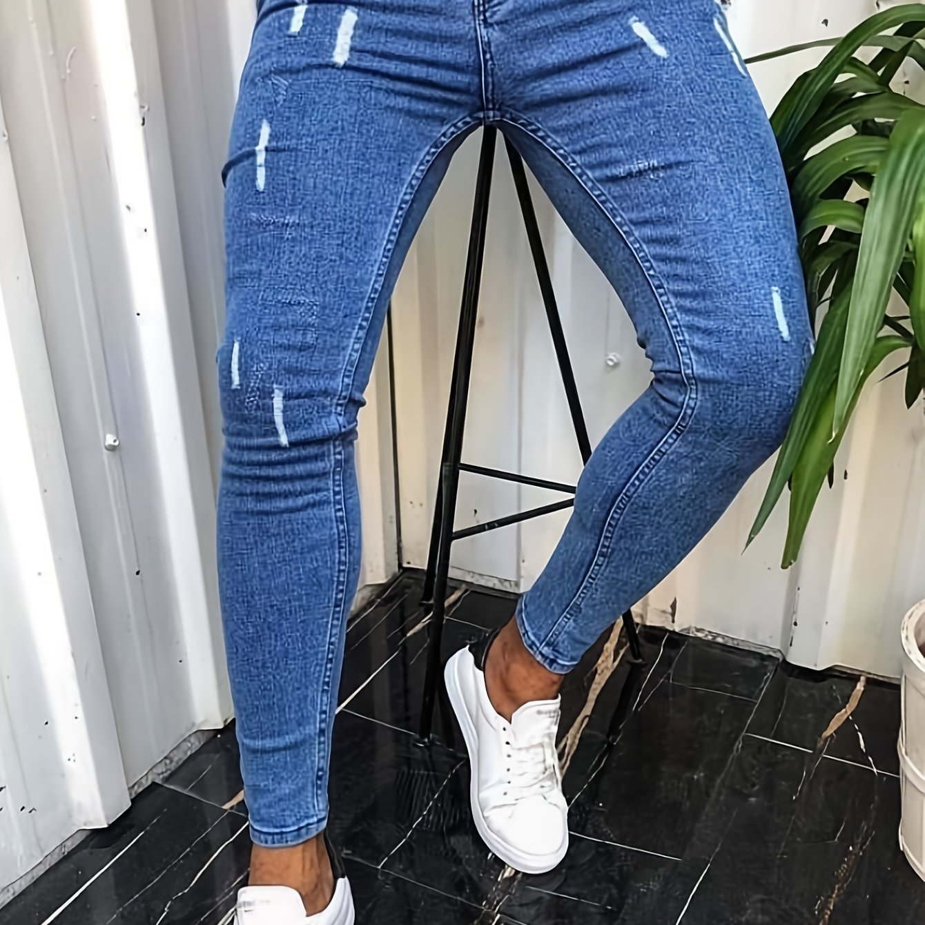 Image of Men's New Ripped Denim Jeans, Korean Style, Trendy, Slim Fit, Small Leg Pants, Fashionable Blue Long Trousers