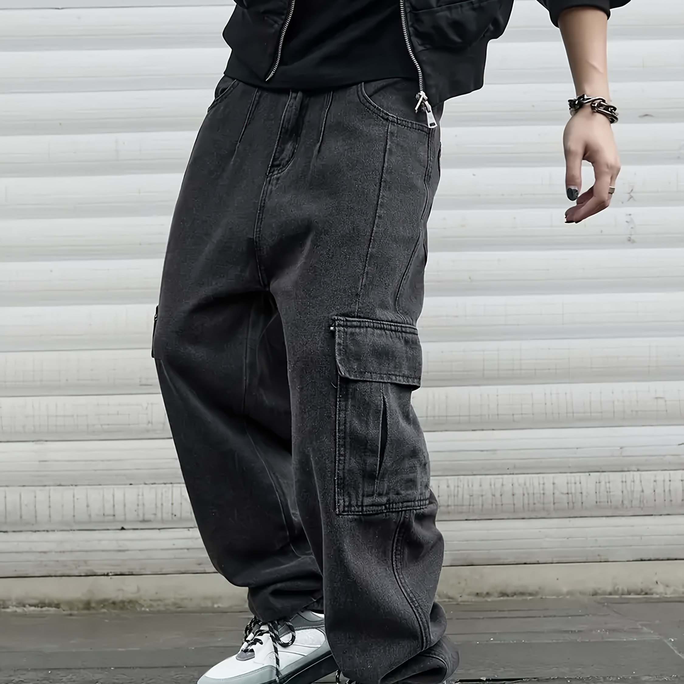 TEMU Men's Casual Jeans With Multiple Pockets, Straight Tube, Loose Fit, Slimming And Wide Leg Workwear Jeans, Street Hop, Street Dance, Skateboarding, Denim Pants