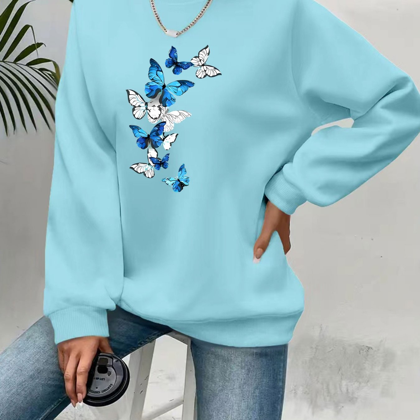 TEMU Plus Size - Plus Size - {plus Size Sweatshirt} Women's Loose Fit That Pick The Figure, Blue Print Is Vivid, , Natural And Elegant, Print Shows