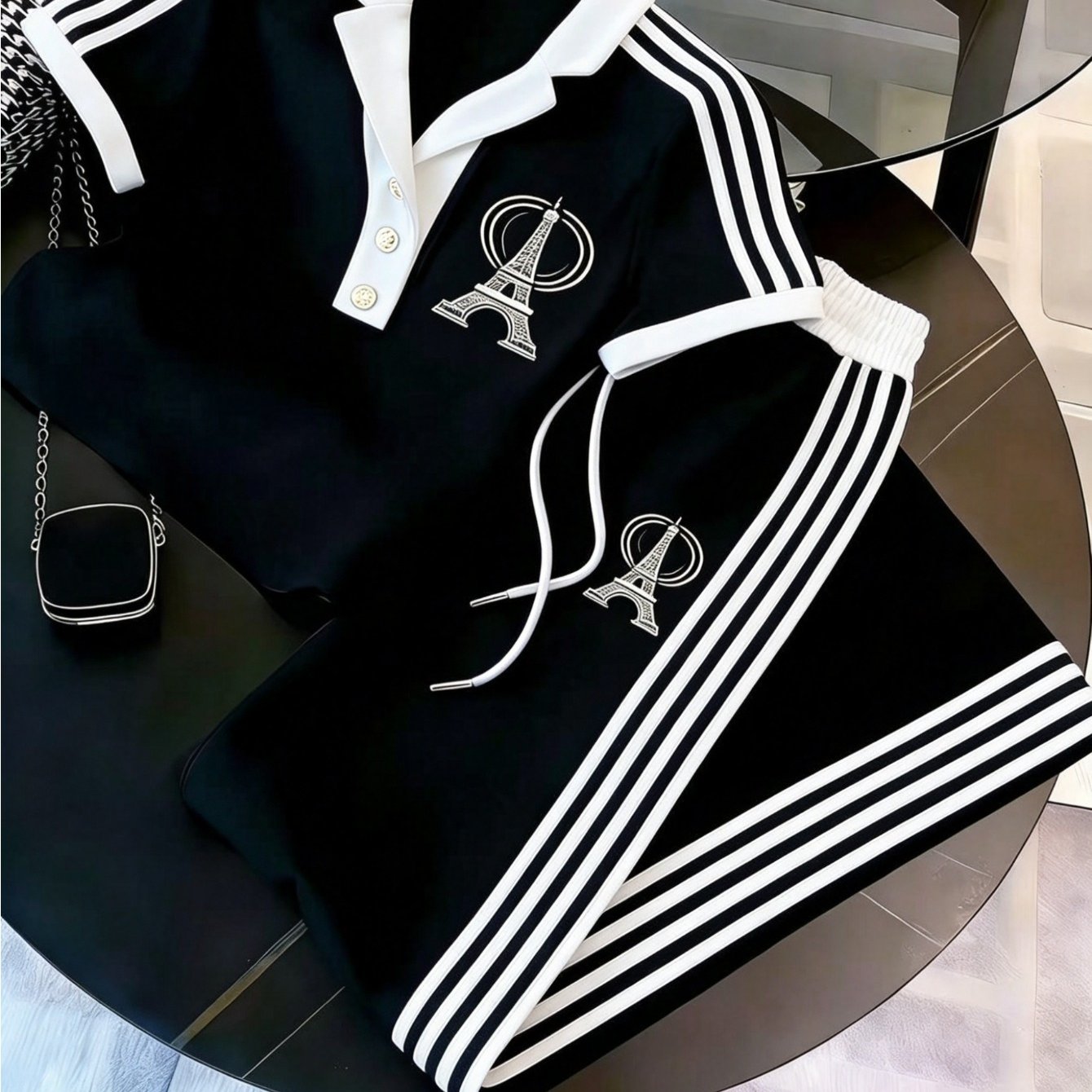 Image of 2026 Summer New Print Collar Casual Set Color-block Stripe Short Sleeve And Long Pants 2pcs Set, Perfect For Outdoor, For Teenager
