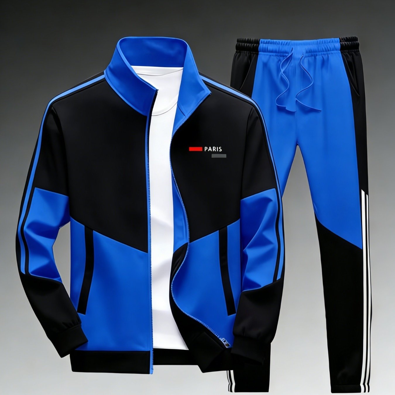 Image of Teenager 2pcs Blue Color -sided Stripes Paris Logo Tracksuit Set, Zip Stand Collar Jacket And Drawstring Elastic Waist Sweatpants, Casual Athletic Jogging Outfit, For Outdoor, For Teenager
