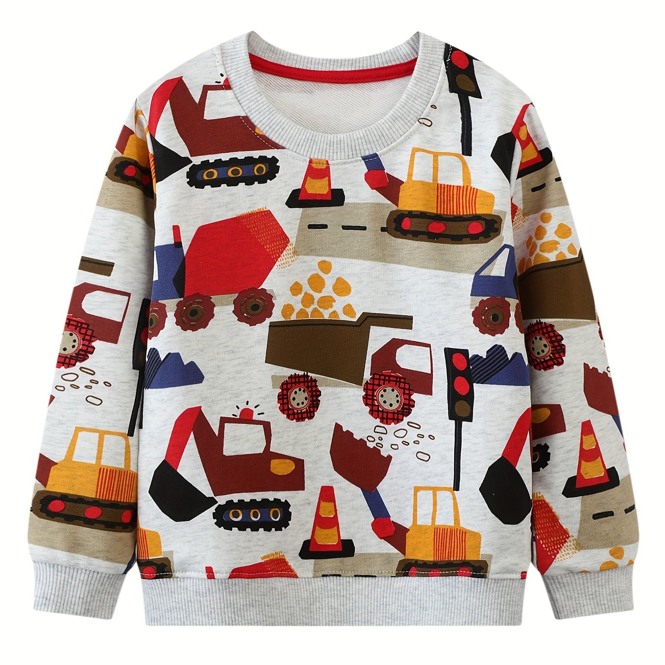 Boys' Long Sleeve Casual Sweatshirt With Construction Vehicle & Excavator Print - Spring/fall Graphic Pullover For -7 Years, Machine Washable