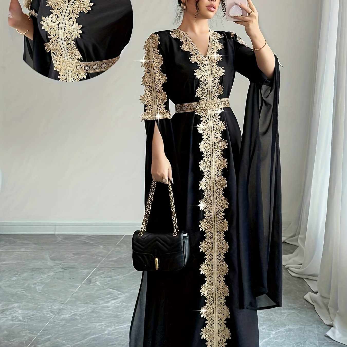 Image of Dj0518185 Integrated Exquisite Golden Embroidery Mesh Outer Wrap Dress, Luxurious Elegant Temperament, "golden Embroidery" Highlights Golden Embroidery Element