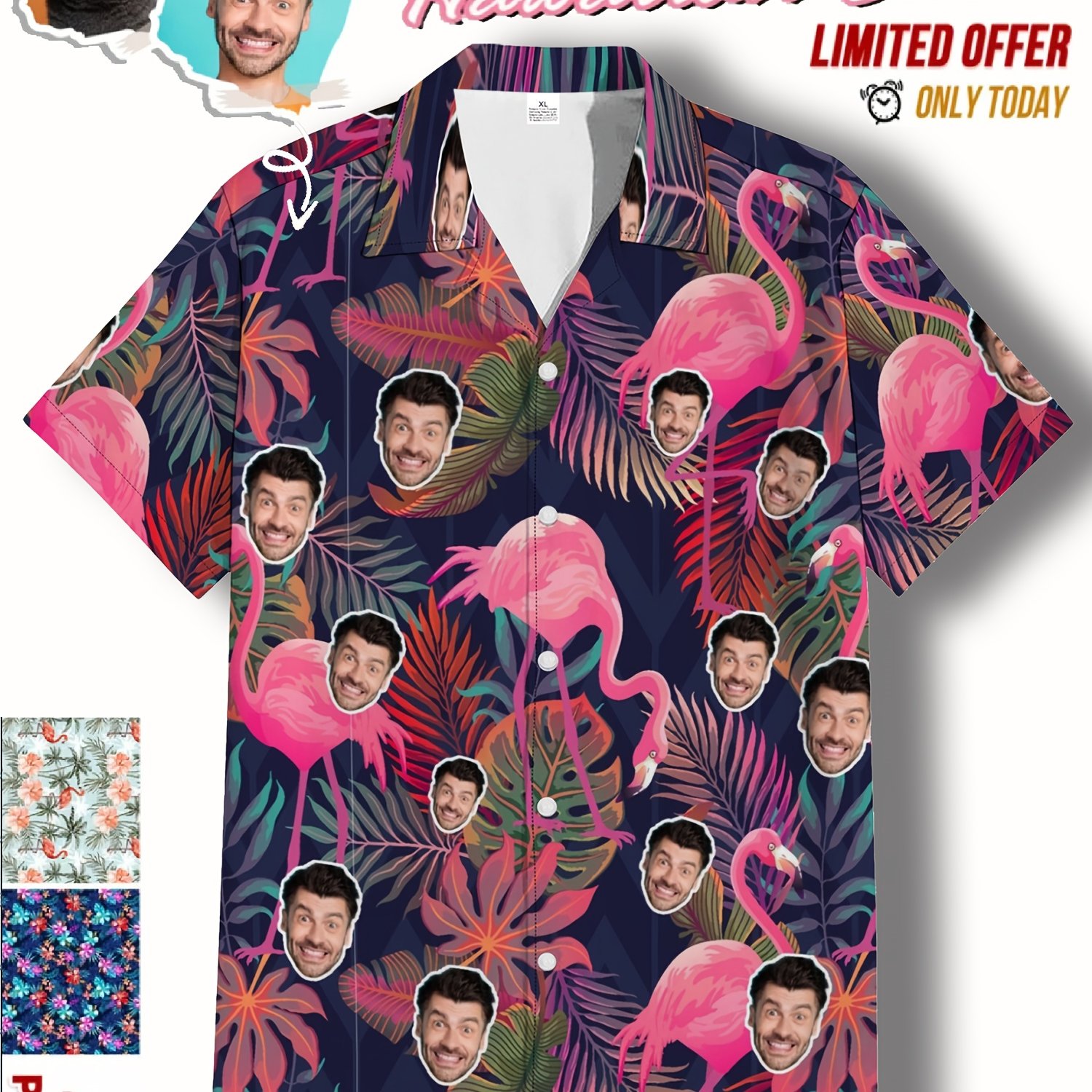 TEMU Customizable Hawaiian Shirt For Men - Personalized Photo Print, Vibrant With Floral & Starfish Patterns, Short Sleeve, Button-up, Lightweight