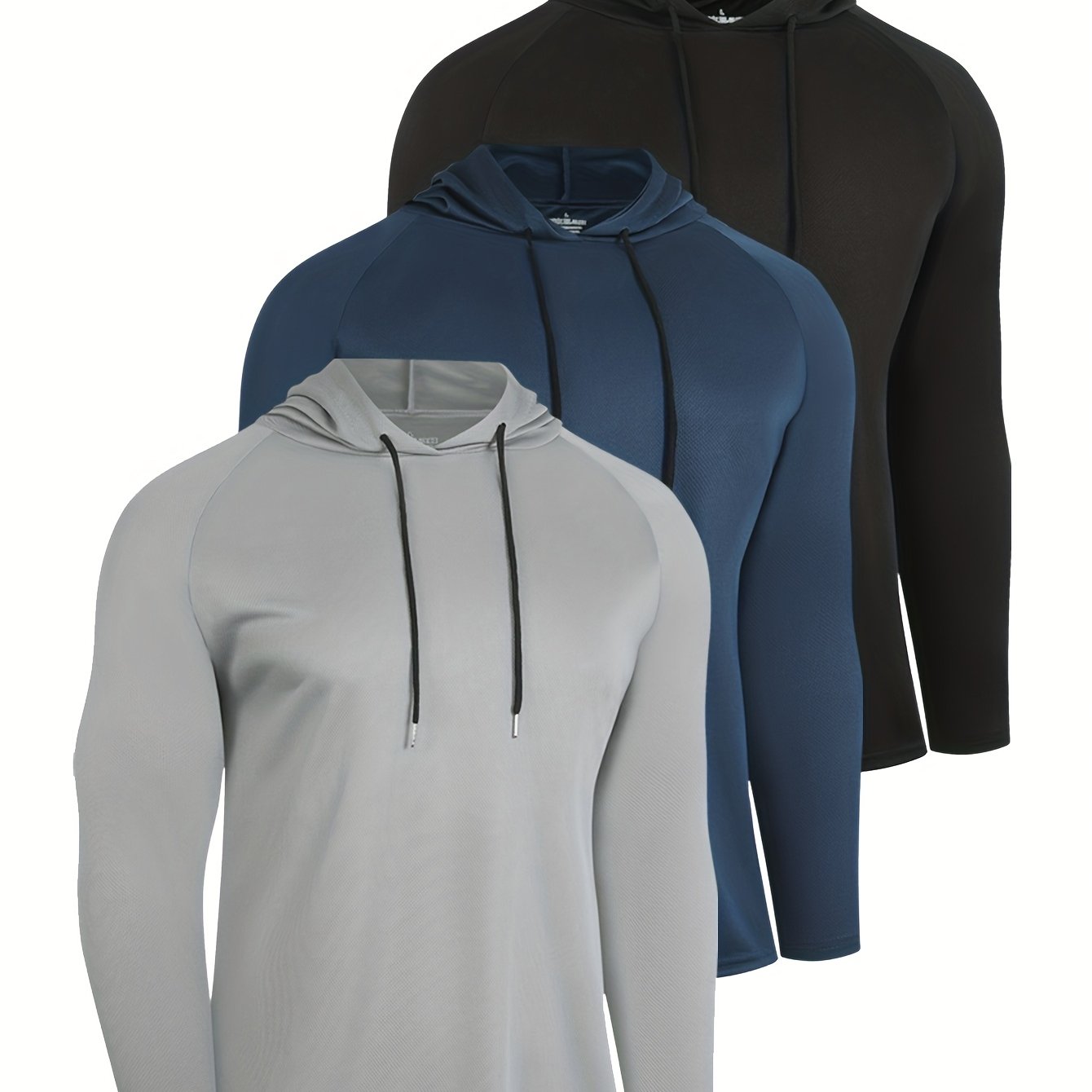 TEMU 3-pack Men's Hooded Sweatshirts, Quick-dry Breathable Polyester Knit Fabric, Solid Color Long Sleeve Hoodies For Hiking, Fishing, Running,