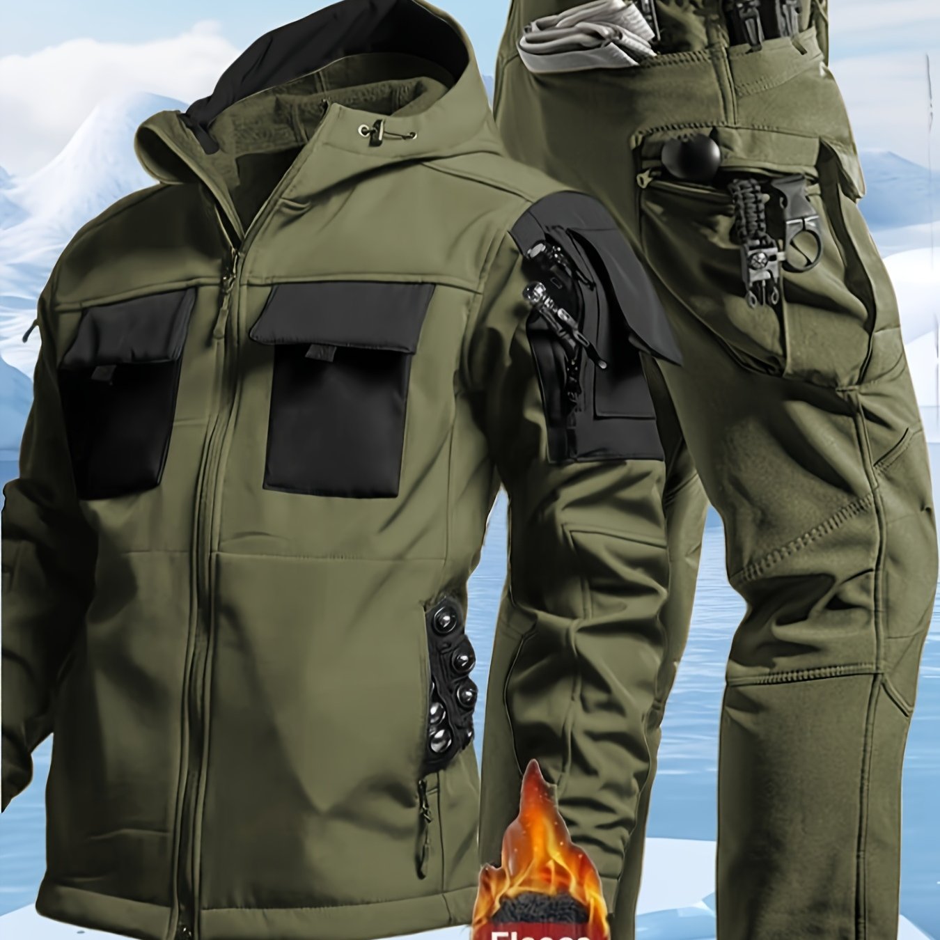 Men's Windproof Hooded Jacket & Insulated Cargo Pants Set