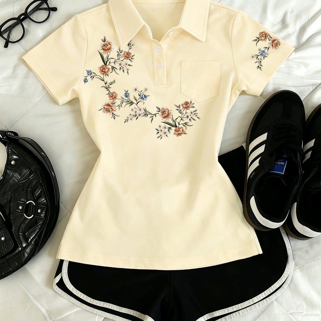 TEMU Women's Shirt 2026 Summer New Arrival, Sweet And , Preppy Style, Straight Shoulder T-shirt, Versatile For Commuting