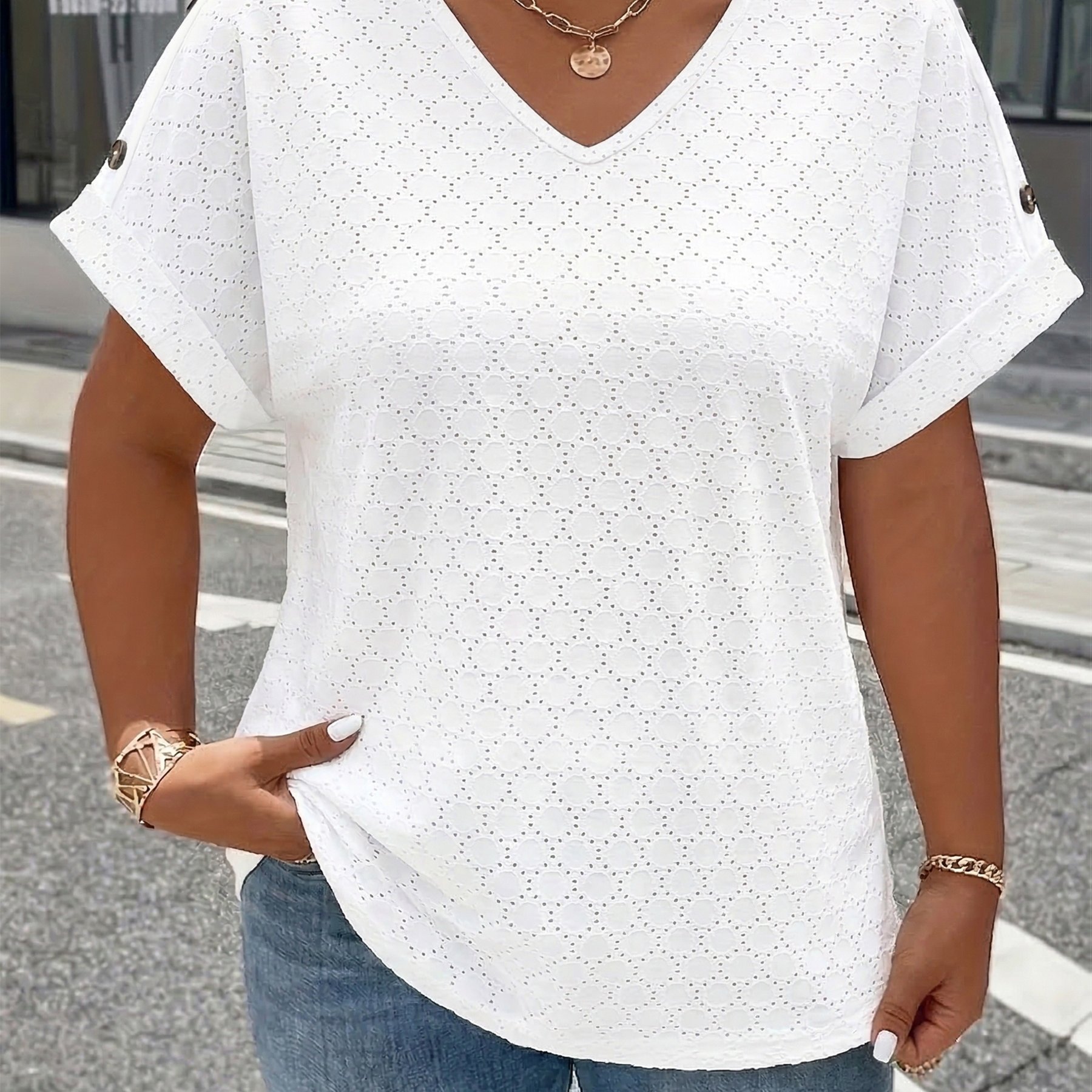 TEMU Plus Size, Women's Eyelet V-neck Top Short Sleeve Casual Loose Fit Blouse With Button Detail
