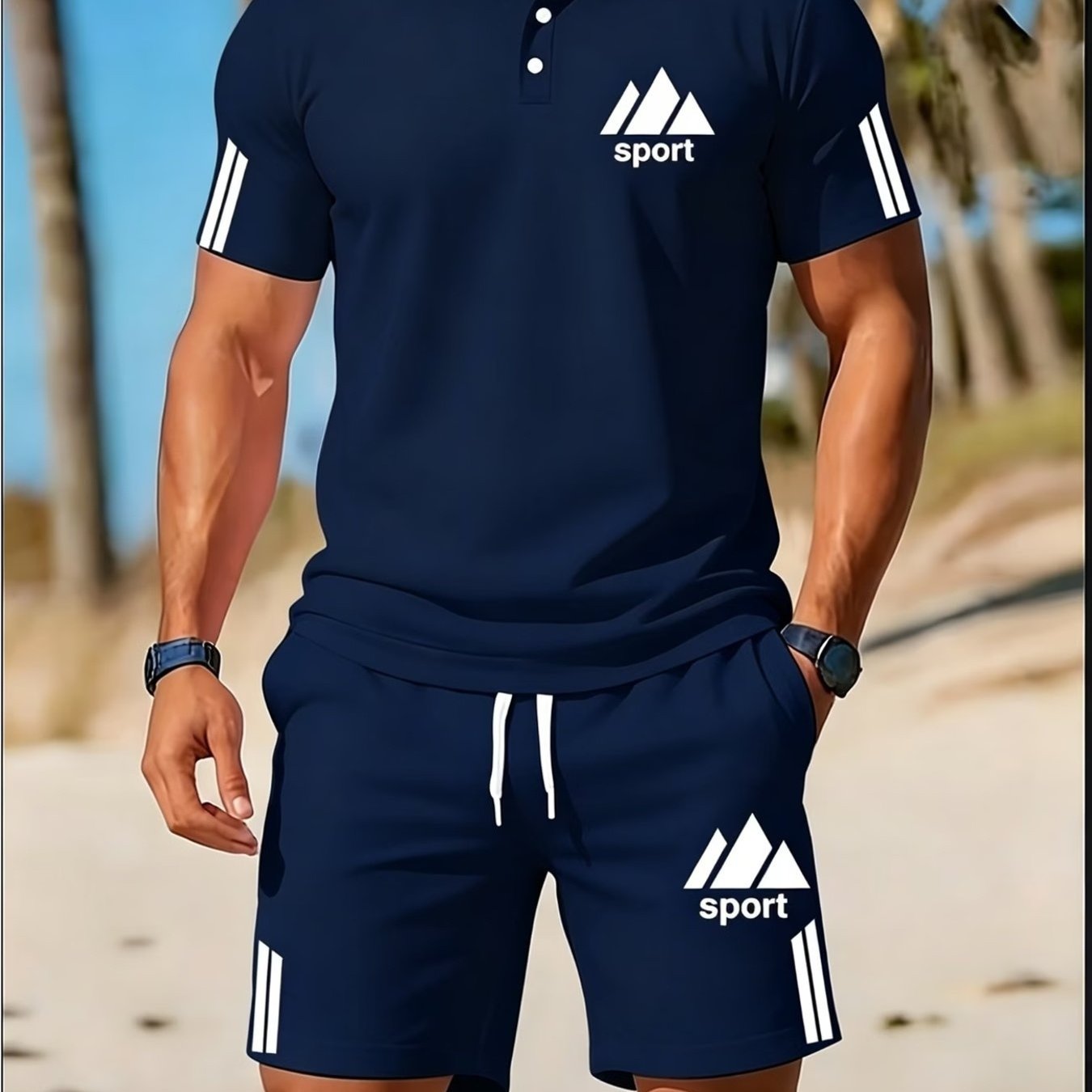 Image of [2ps]summer Men's Casual Sports Suit: Turn- Collar Shirt With Short Sleeves, Breathable And Versatile, 2pcs Set With Sports Shorts