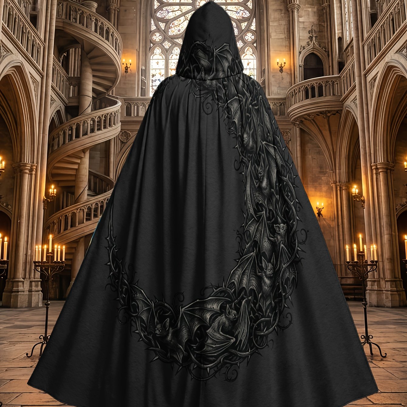 TEMU 1pc, Adult Full-length Hooded Cloak With For Halloween Bat Crescent Print, Polyester Costume Cape For Halloween Witch And Christmas Character