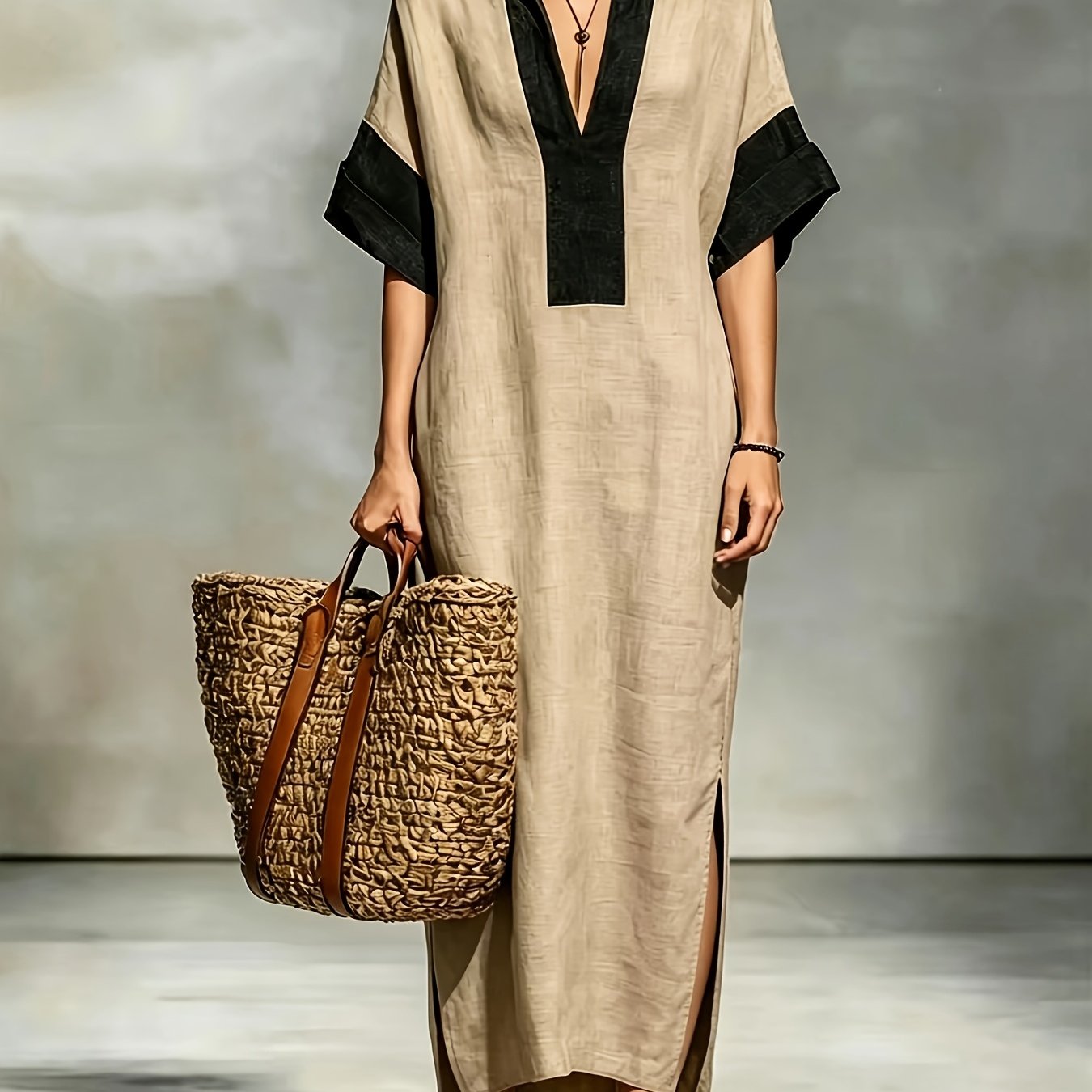 TEMU Women's Relaxed Summer New Arrival Color-block High-end V-neck Dress That And Lengthens The Figure, Enhances Neckline, Perfect For Beach