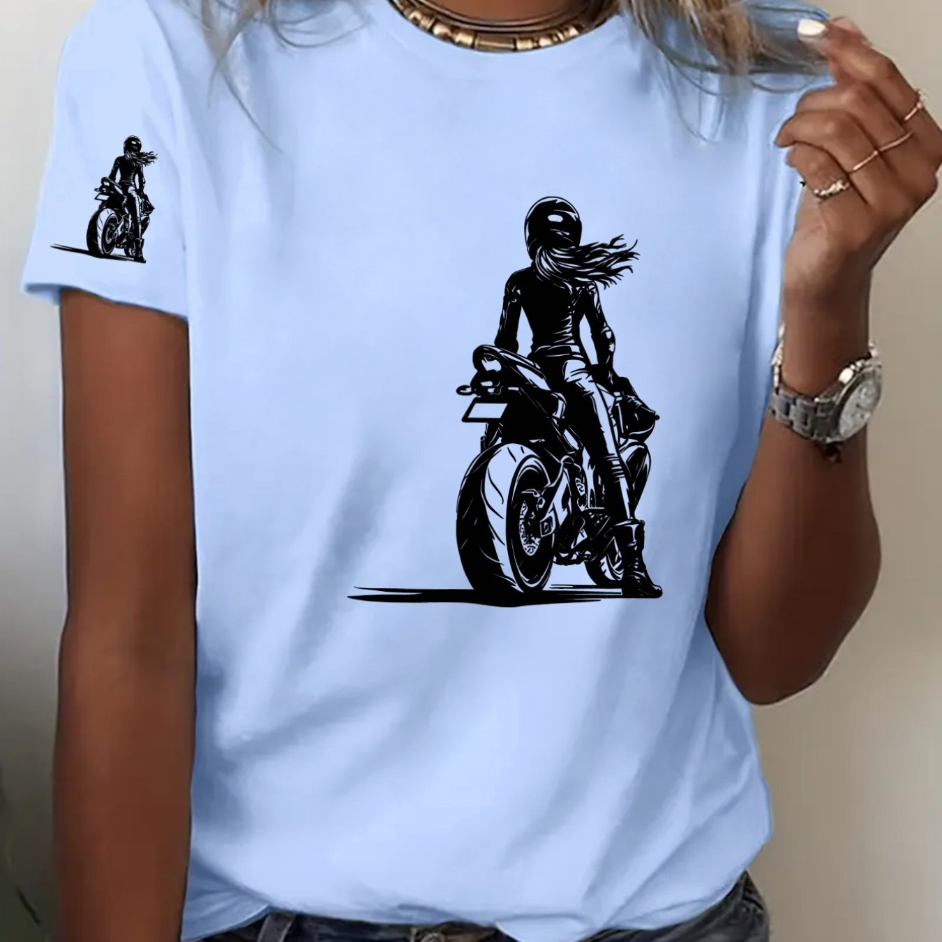 TEMU Women's Y2k Cool Rider Motorcycle T-shirt - Round Neck Short Sleeve Casual Top With Rider Print, Stretchy Style Suitable For - Wear, Machine
