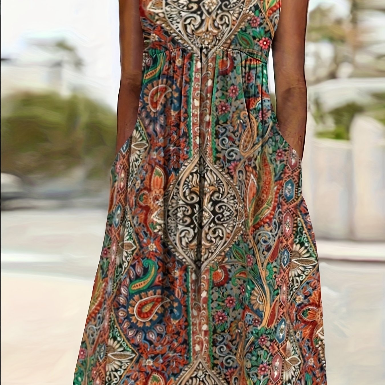 plus size plus size paisley print boat neck sleeveless dress with pockets medium stretch fabric