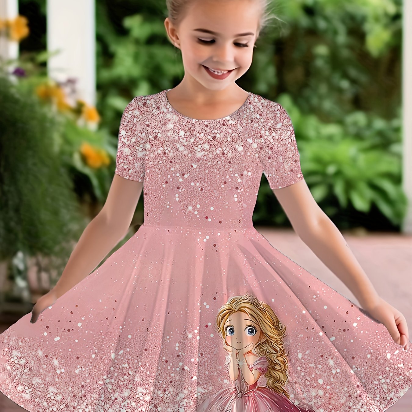 Image of Girls' Short-sleeve Party Dress With Flower & Princess Styles - Spring Summer Outfit, Easter Dress, Machine Washable Party Wear For Girls - Casual To Dressy Playwear (random Flower Print) 3-
