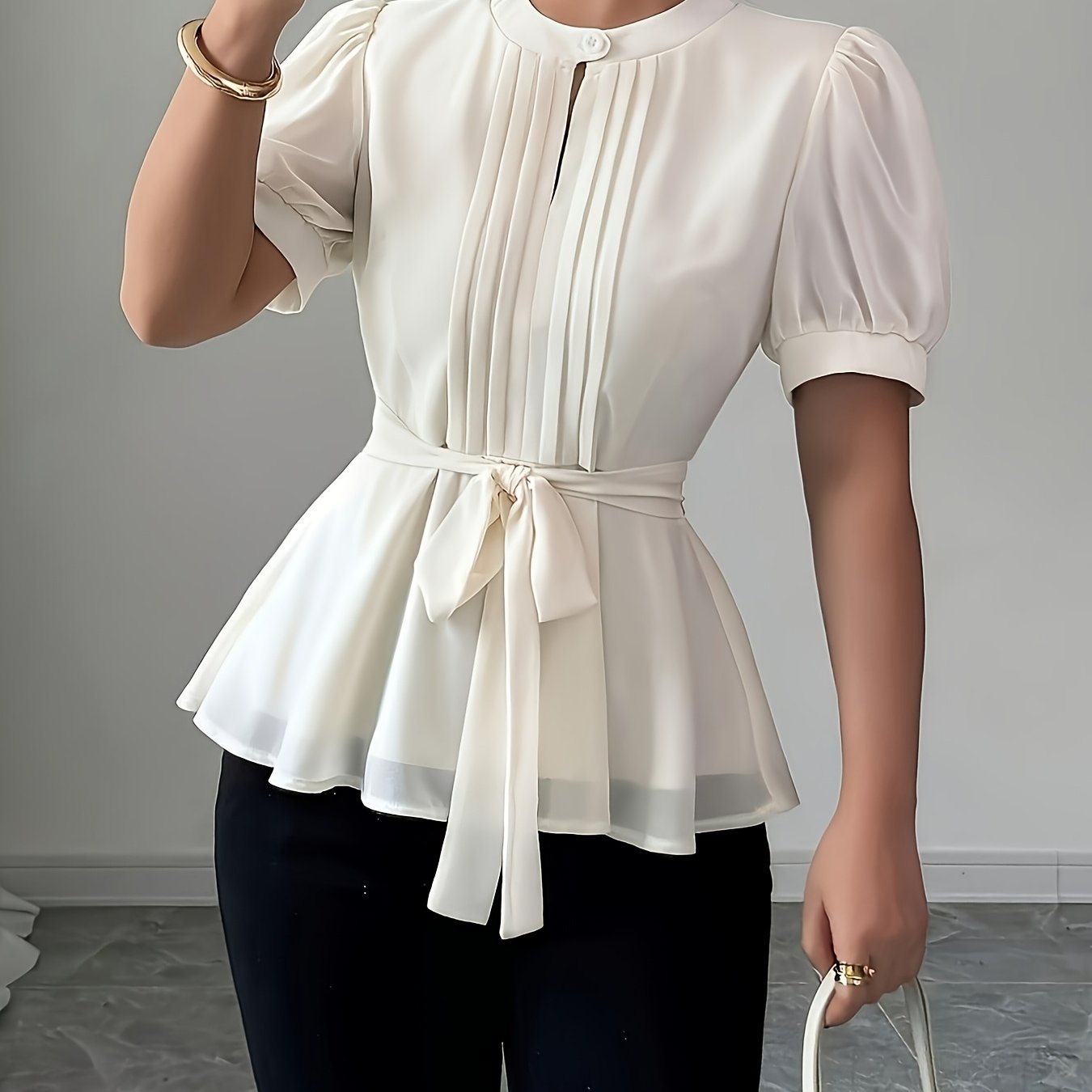 E-shop Elegantes Damen-Freizeitshirt mit Rundhalsausschnitt, flauschigen Ärmeln, Bund mit Schleifendekoration A-Linien-Saum